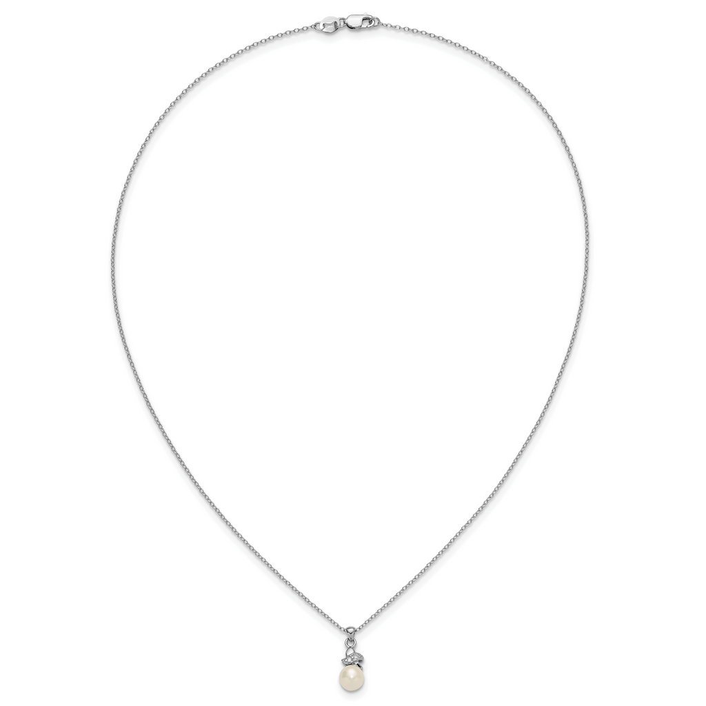 Sterling Silver Rhodium-plated 6-7mm White Button Freshwater Cultured Pearl and CZ 17 inch Necklace