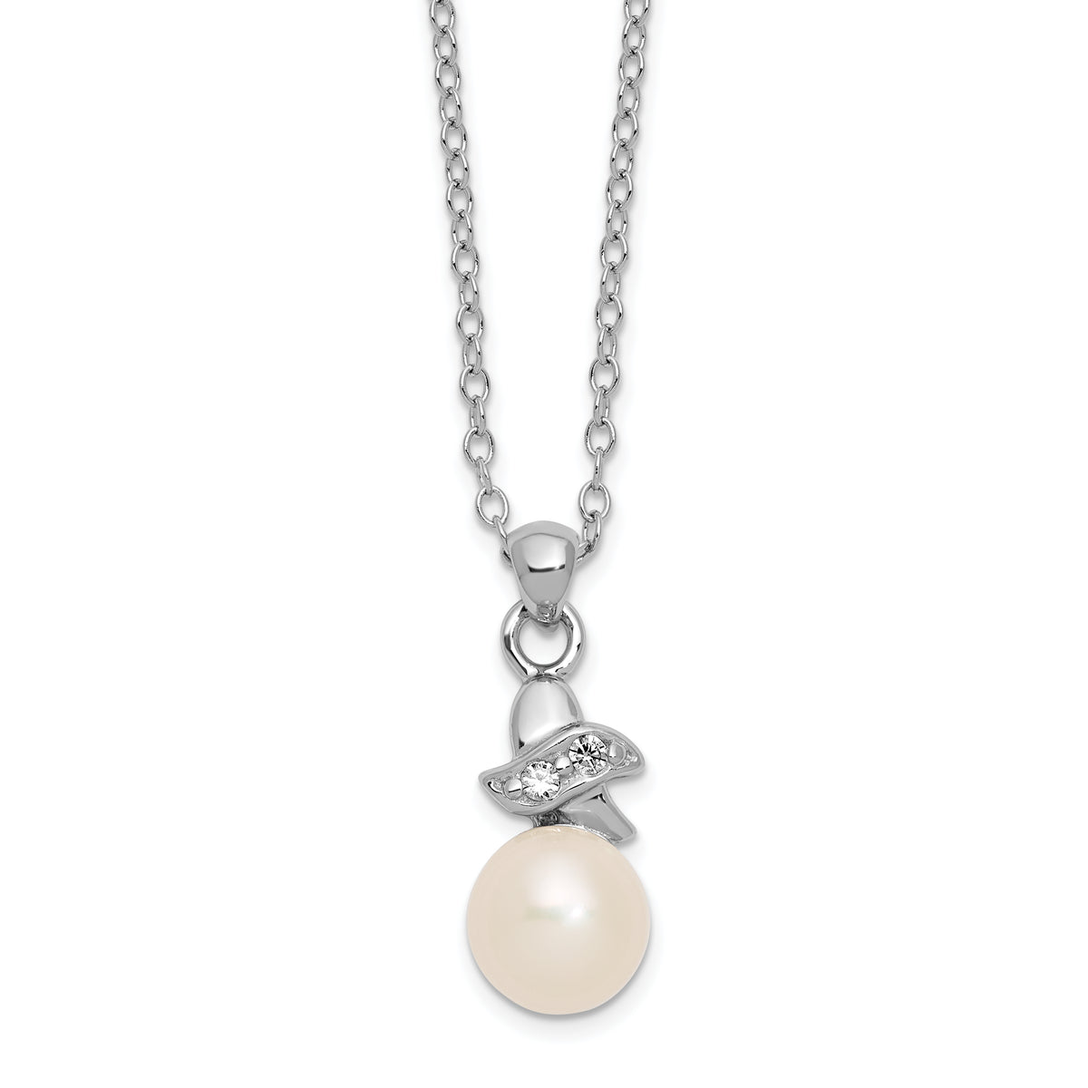 Sterling Silver Rhodium-plated 6-7mm White Button Freshwater Cultured Pearl and CZ 17 inch Necklace