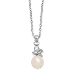 Sterling Silver Rhodium-plated 6-7mm White Button Freshwater Cultured Pearl and CZ 17 inch Necklace