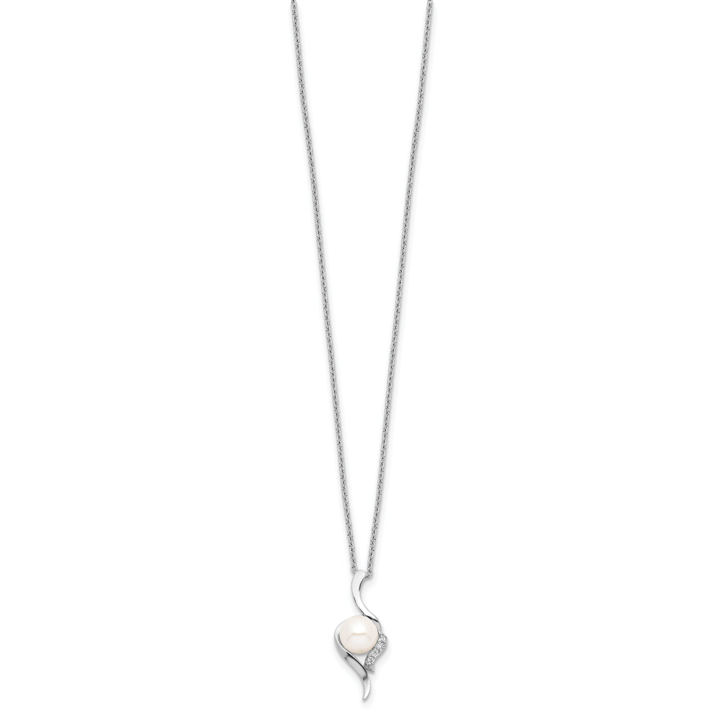 Sterling Silver Rhodium-plated 6-7mm White Semi-Round Freshwater Cultured Pearl and CZ 17 inch Necklace