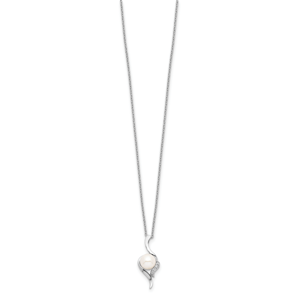 Sterling Silver Rhodium-plated 6-7mm White Semi-Round Freshwater Cultured Pearl and CZ 17 inch Necklace