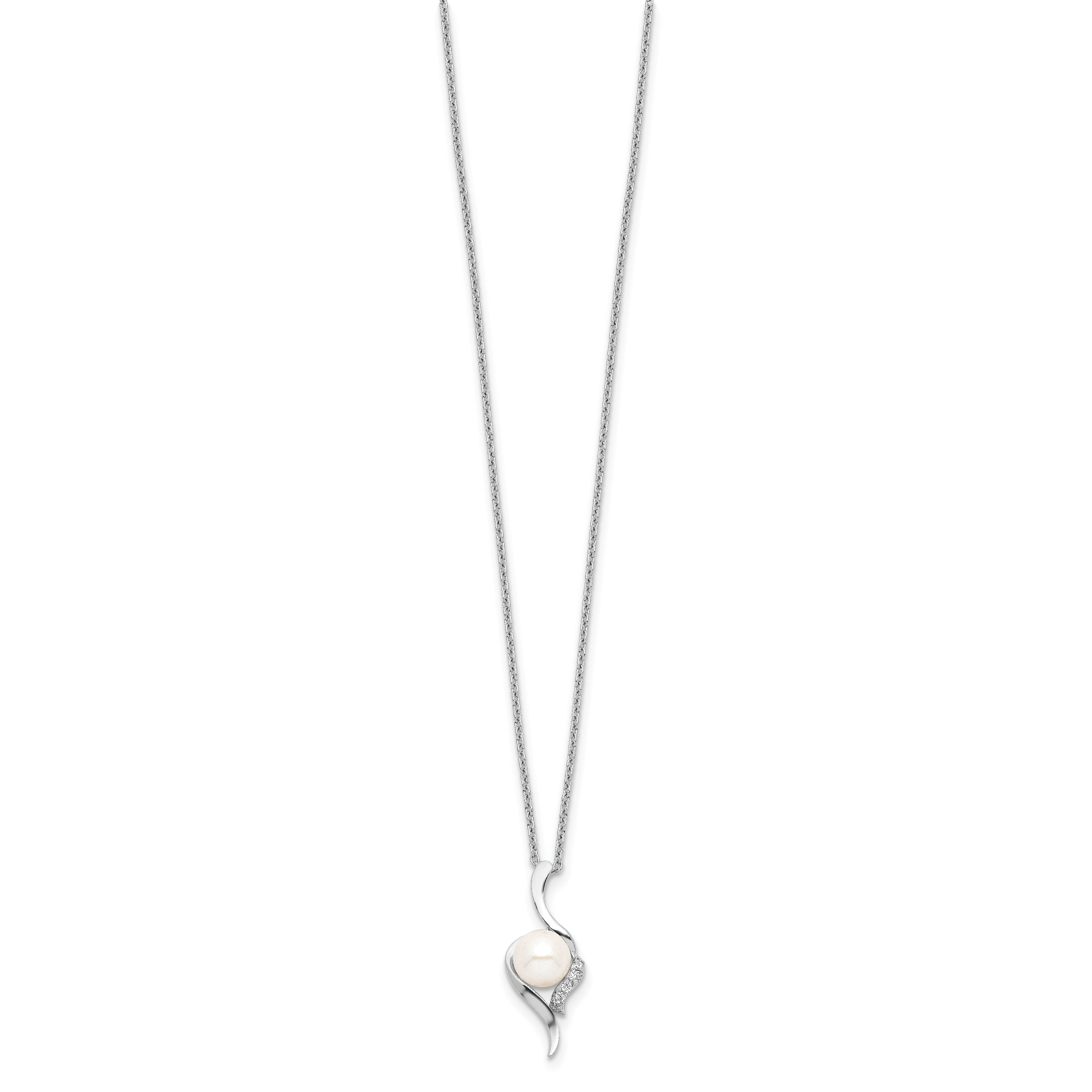 Sterling Silver Rhodium-plated 6-7mm White Semi-Round Freshwater Cultured Pearl and CZ 17 inch Necklace