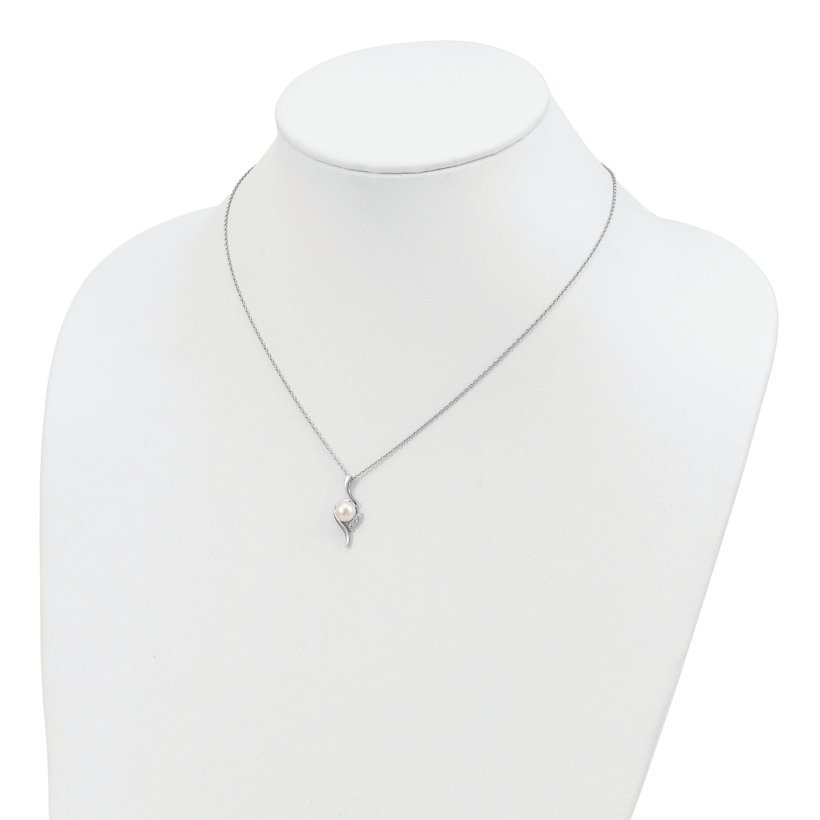 Sterling Silver Rhodium-plated 6-7mm White Semi-Round Freshwater Cultured Pearl and CZ 17 inch Necklace