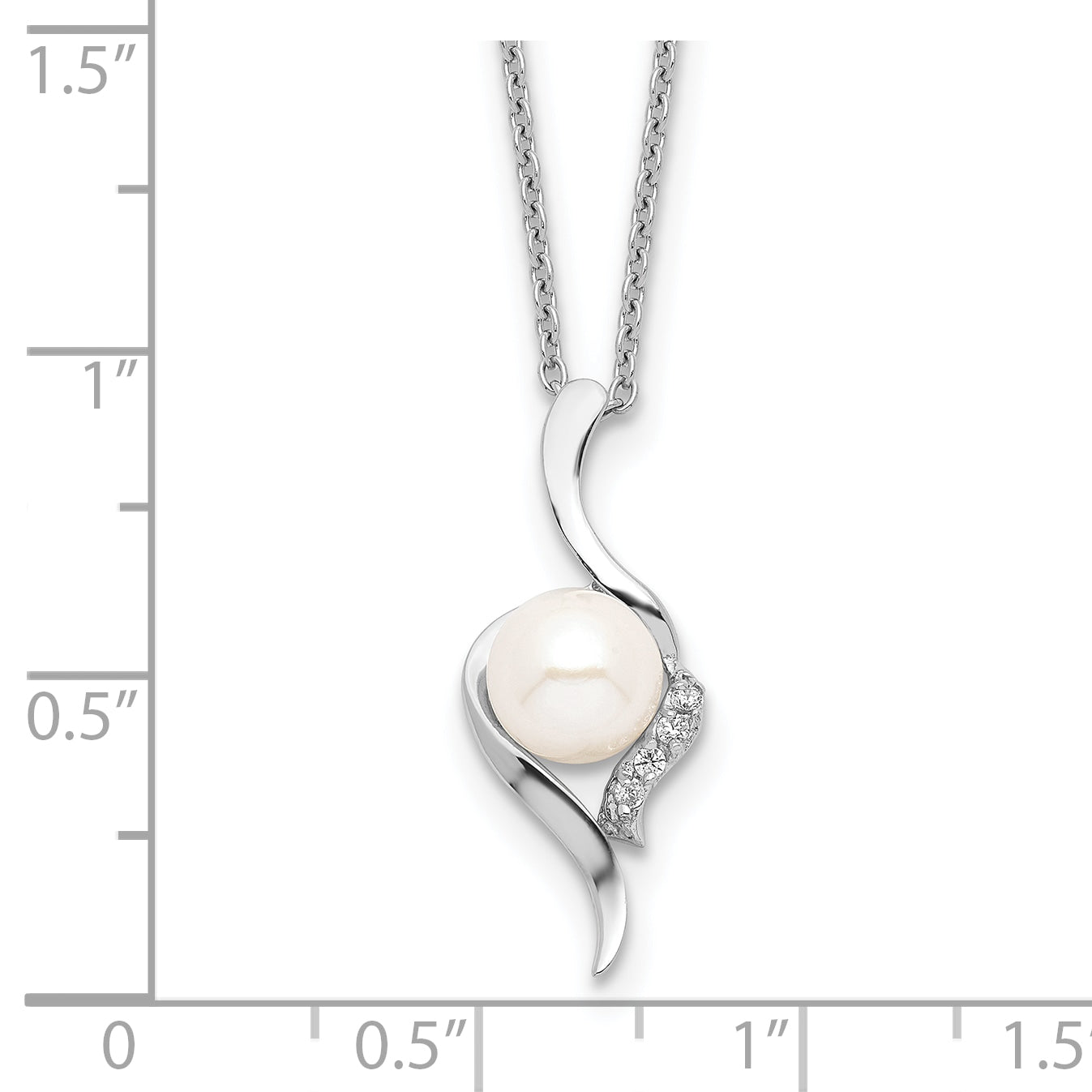 Sterling Silver Rhodium-plated 6-7mm White Semi-Round Freshwater Cultured Pearl and CZ 17 inch Necklace