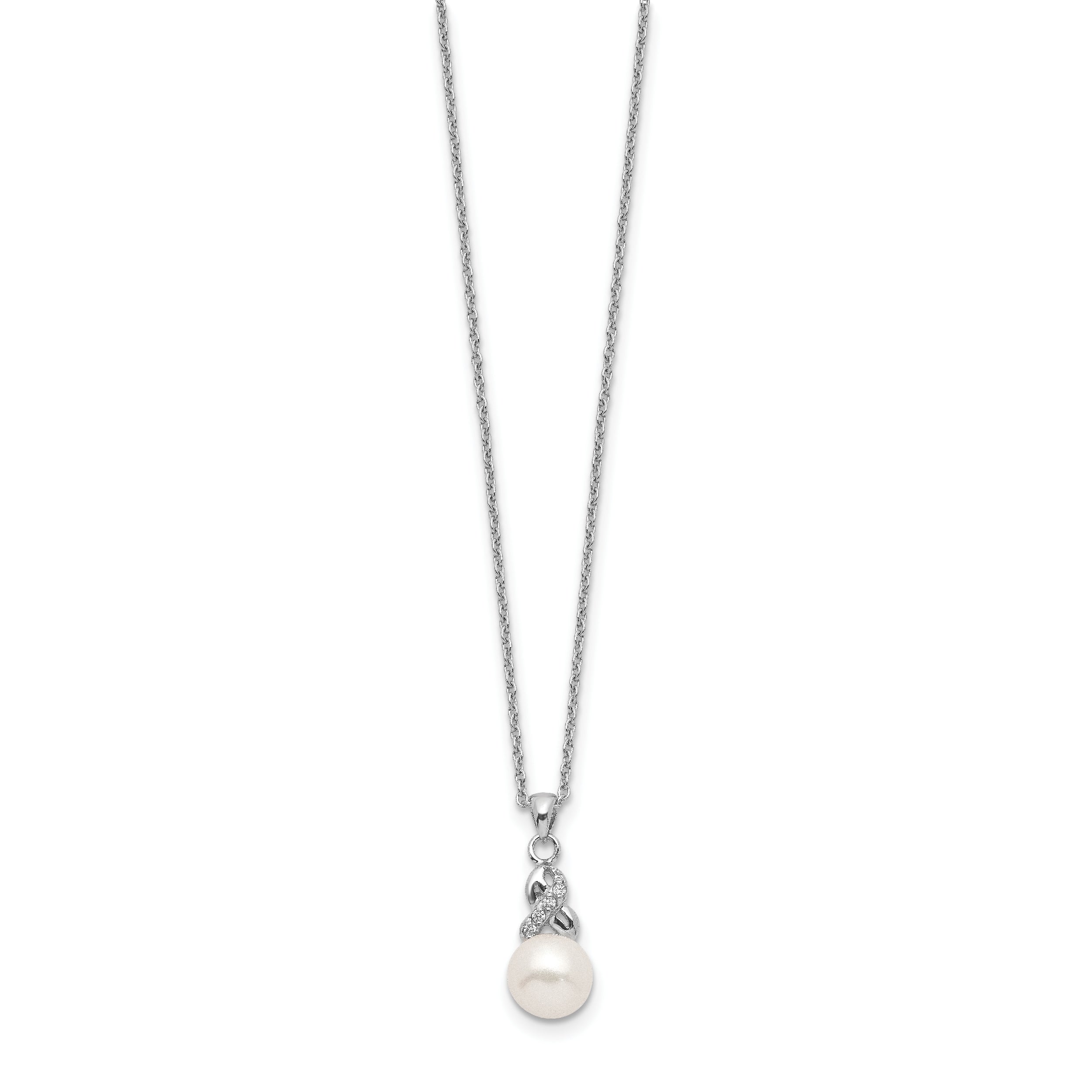 Sterling Silver Rhodium-plated 6-7mm White Near-Round Freshwater Cultured Pearl and CZ 17 inch Necklace
