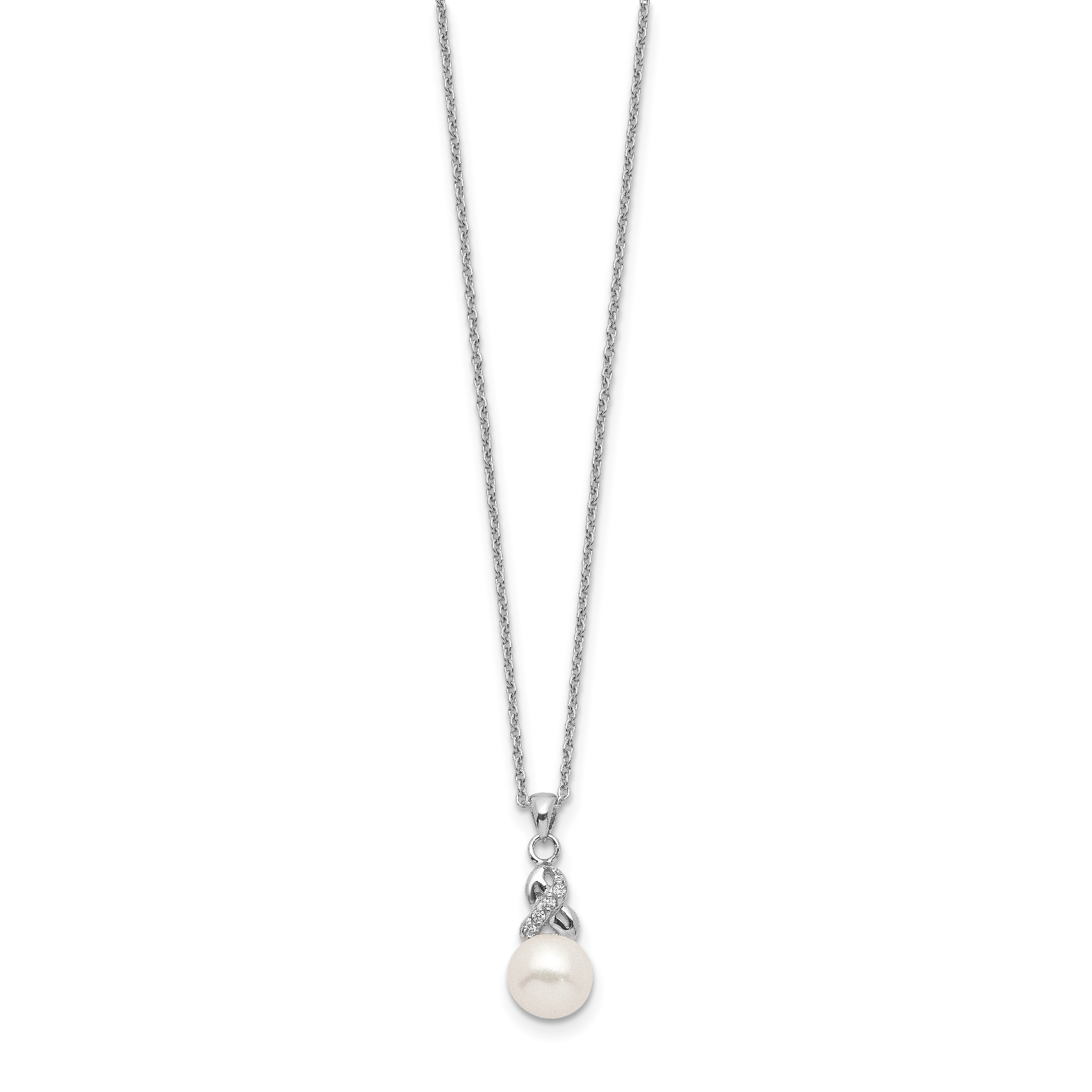 Sterling Silver Rhodium-plated 6-7mm White Near-Round Freshwater Cultured Pearl and CZ 17 inch Necklace Secondary image