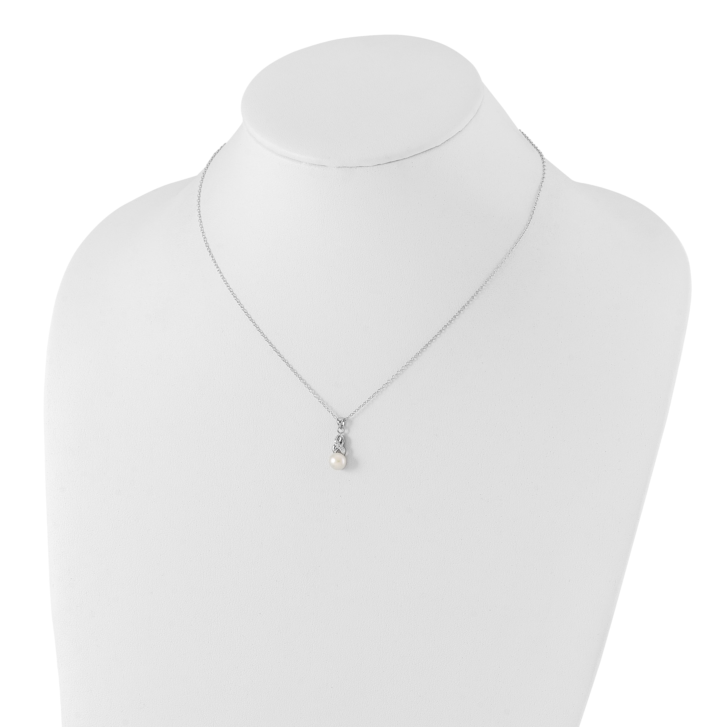 Sterling Silver Rhodium-plated 6-7mm White Near-Round Freshwater Cultured Pearl and CZ 17 inch Necklace