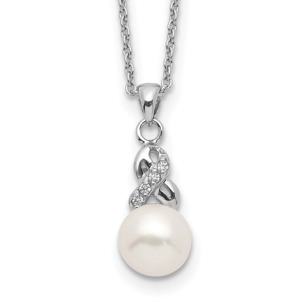 Sterling Silver Rhodium-plated 6-7mm White Near-Round Freshwater Cultured Pearl and CZ 17 inch Necklace