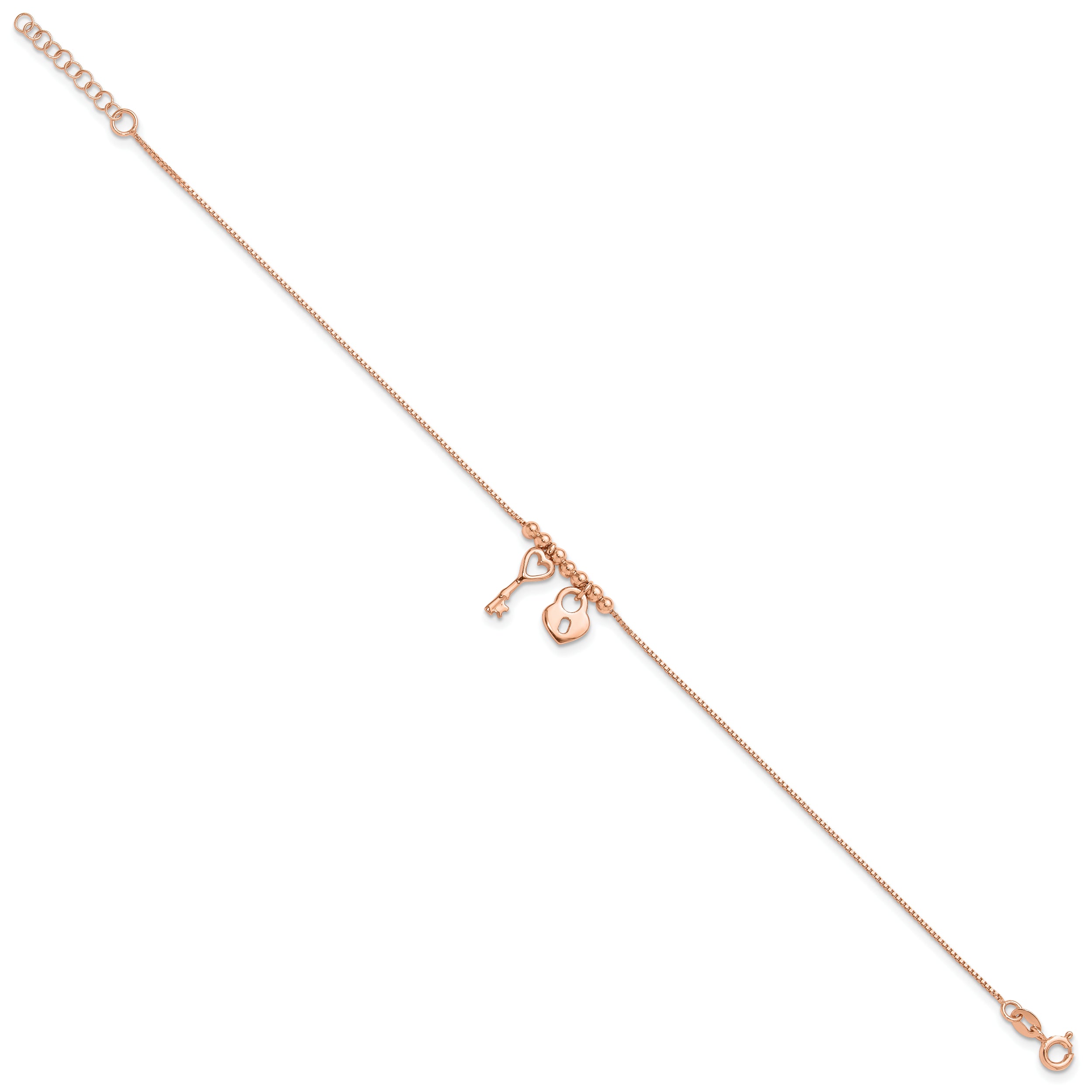 Sterling Silver Rose-tone Heart Lock and Key 9 inch Plus 1 inch Extender - Total 10 inch Anklet