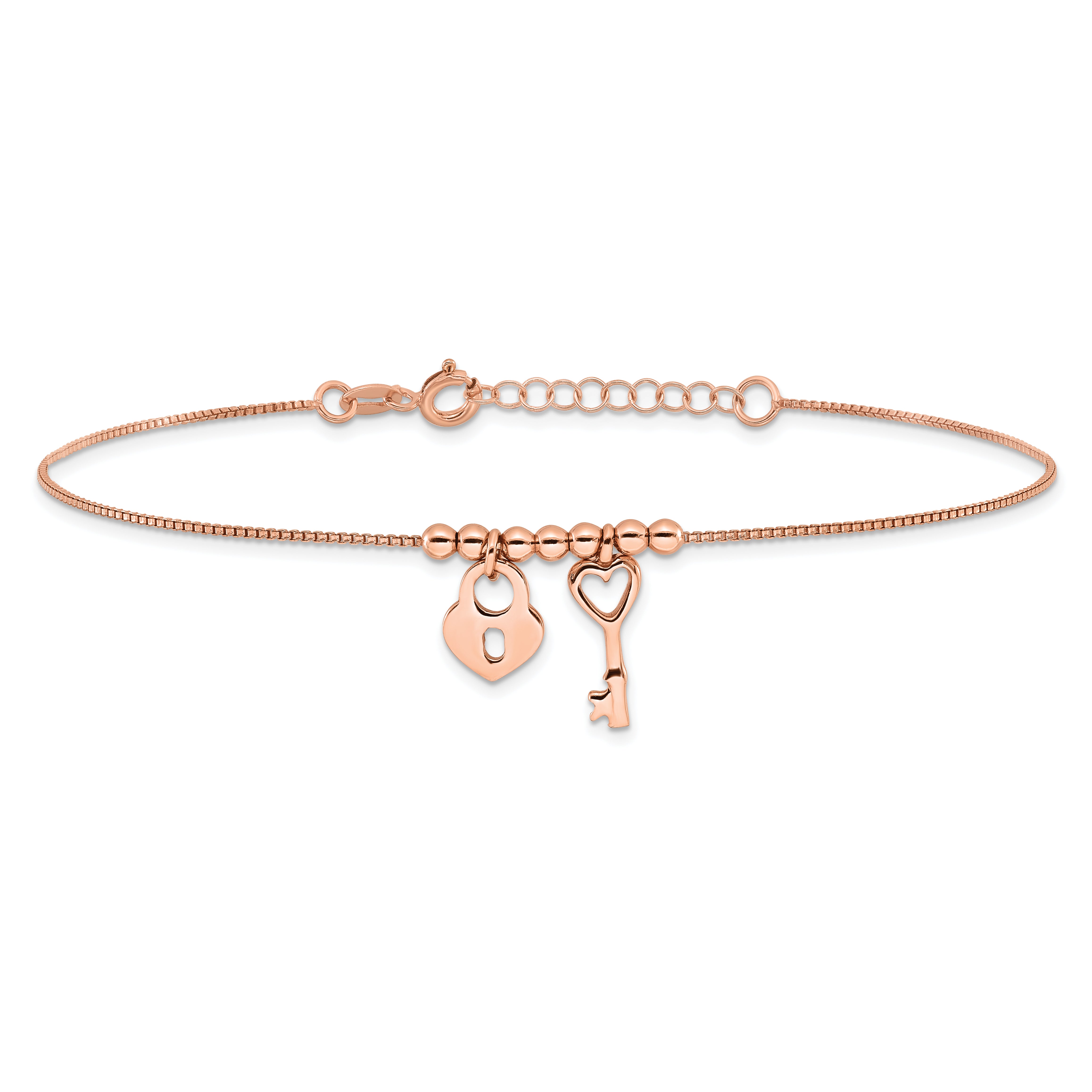 Sterling Silver Rose-tone Heart Lock and Key 9 inch Plus 1 inch Extender - Total 10 inch Anklet