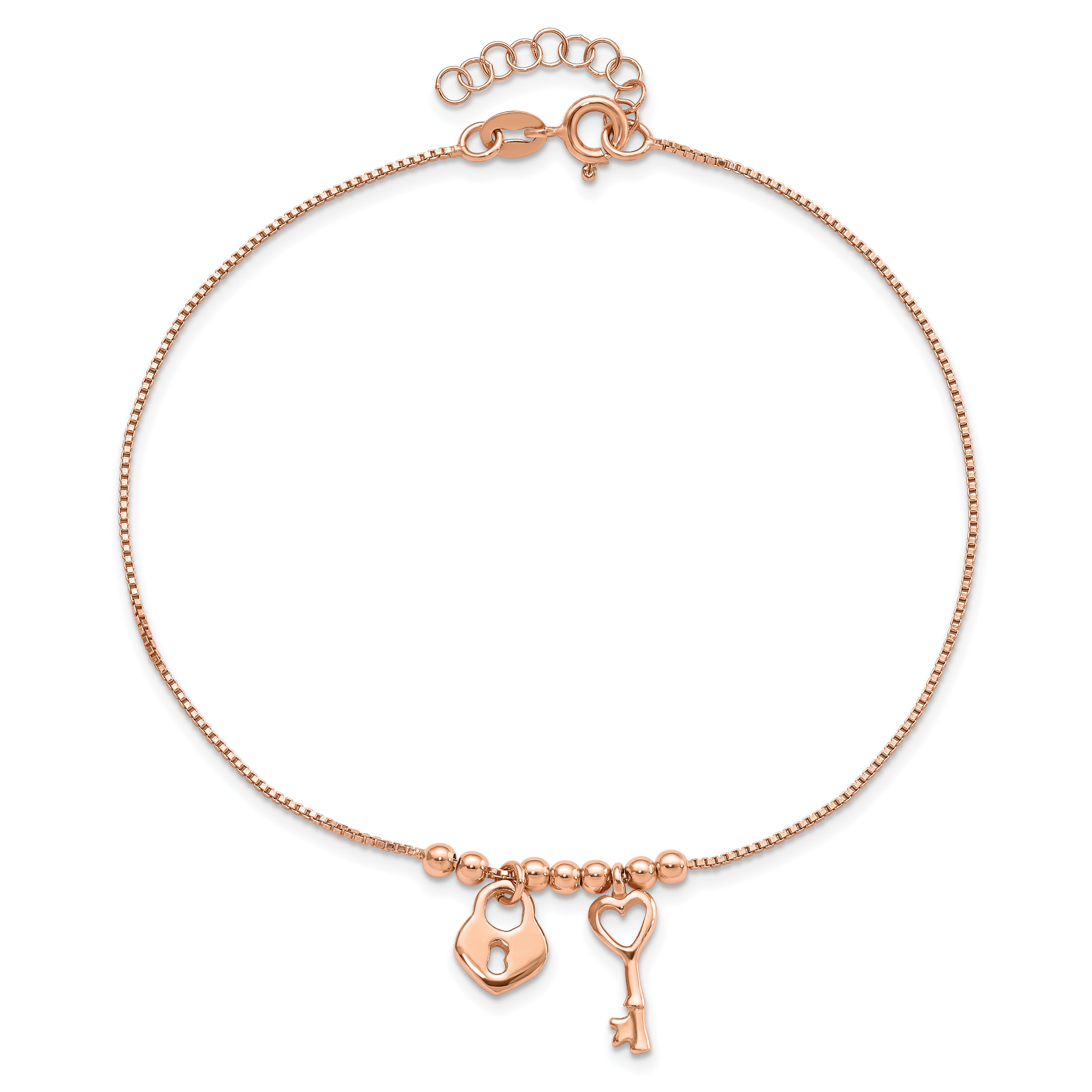 Sterling Silver Rose-tone Heart Lock and Key 9 inch Plus 1 inch Extender - Total 10 inch Anklet