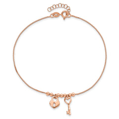 Sterling Silver Rose-tone Heart Lock and Key 9 inch Plus 1 inch Extender - Total 10 inch Anklet