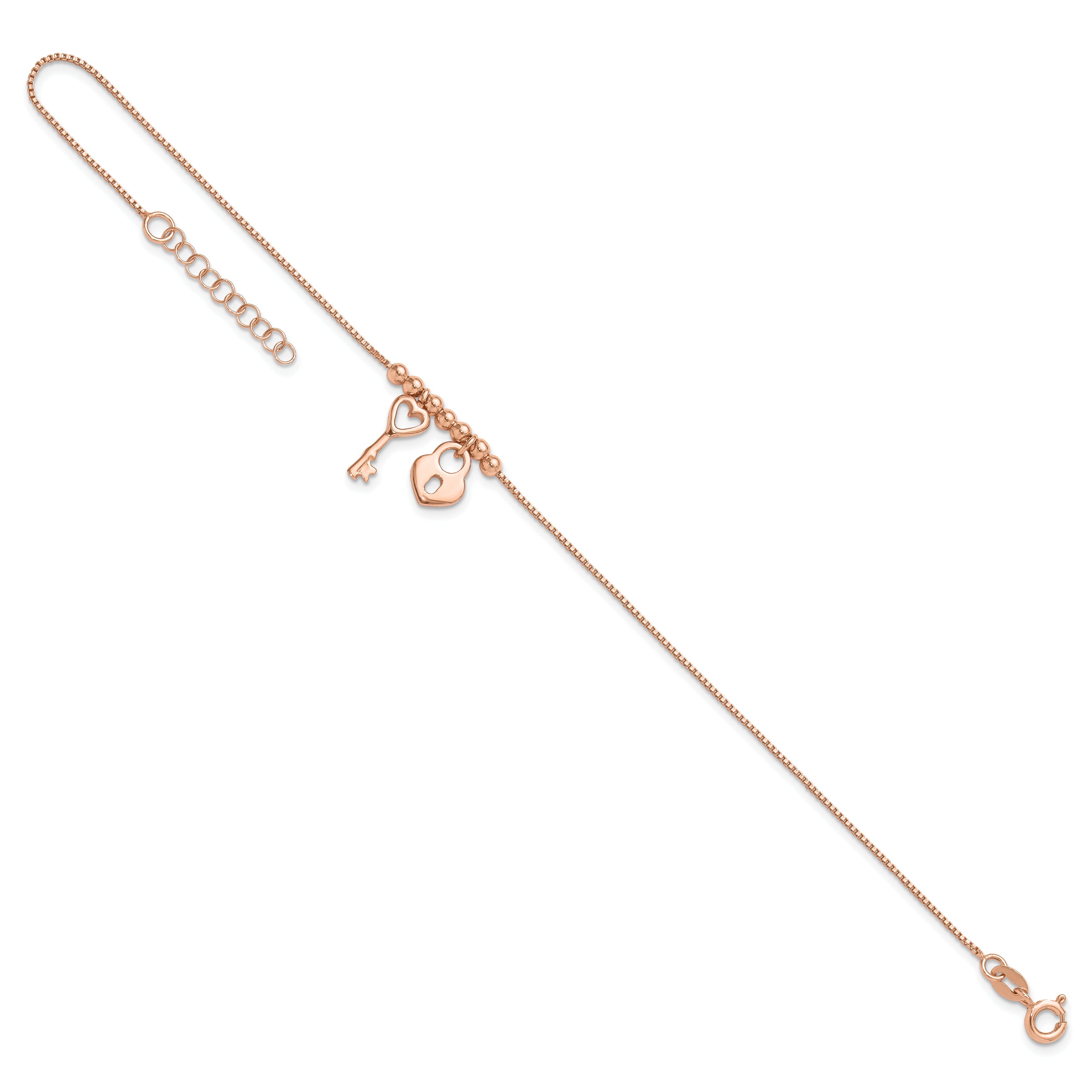 Sterling Silver Rose-tone Heart Lock and Key 9 inch Plus 1 inch Extender - Total 10 inch Anklet