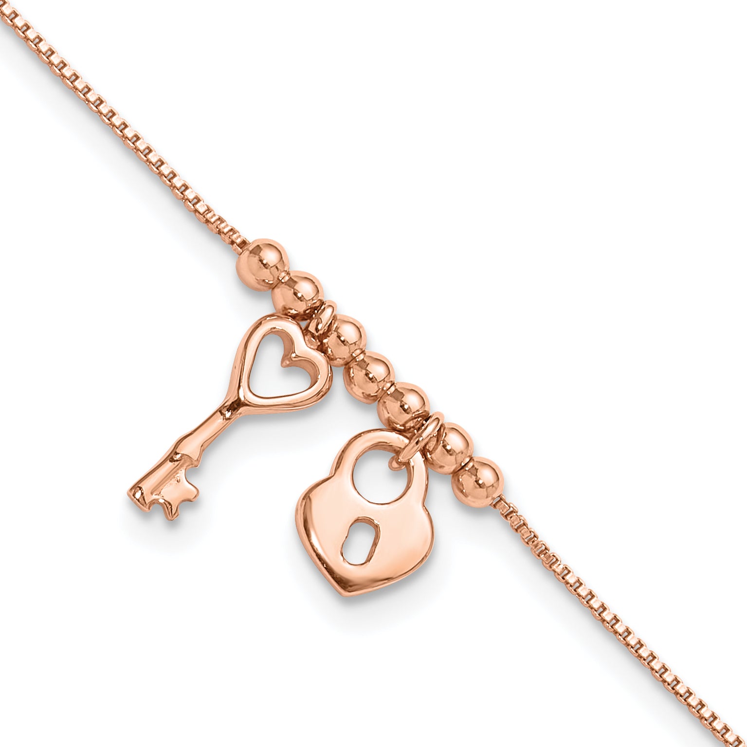 Sterling Silver Rose-tone Heart Lock and Key 9 inch Plus 1 inch Extender - Total 10 inch Anklet