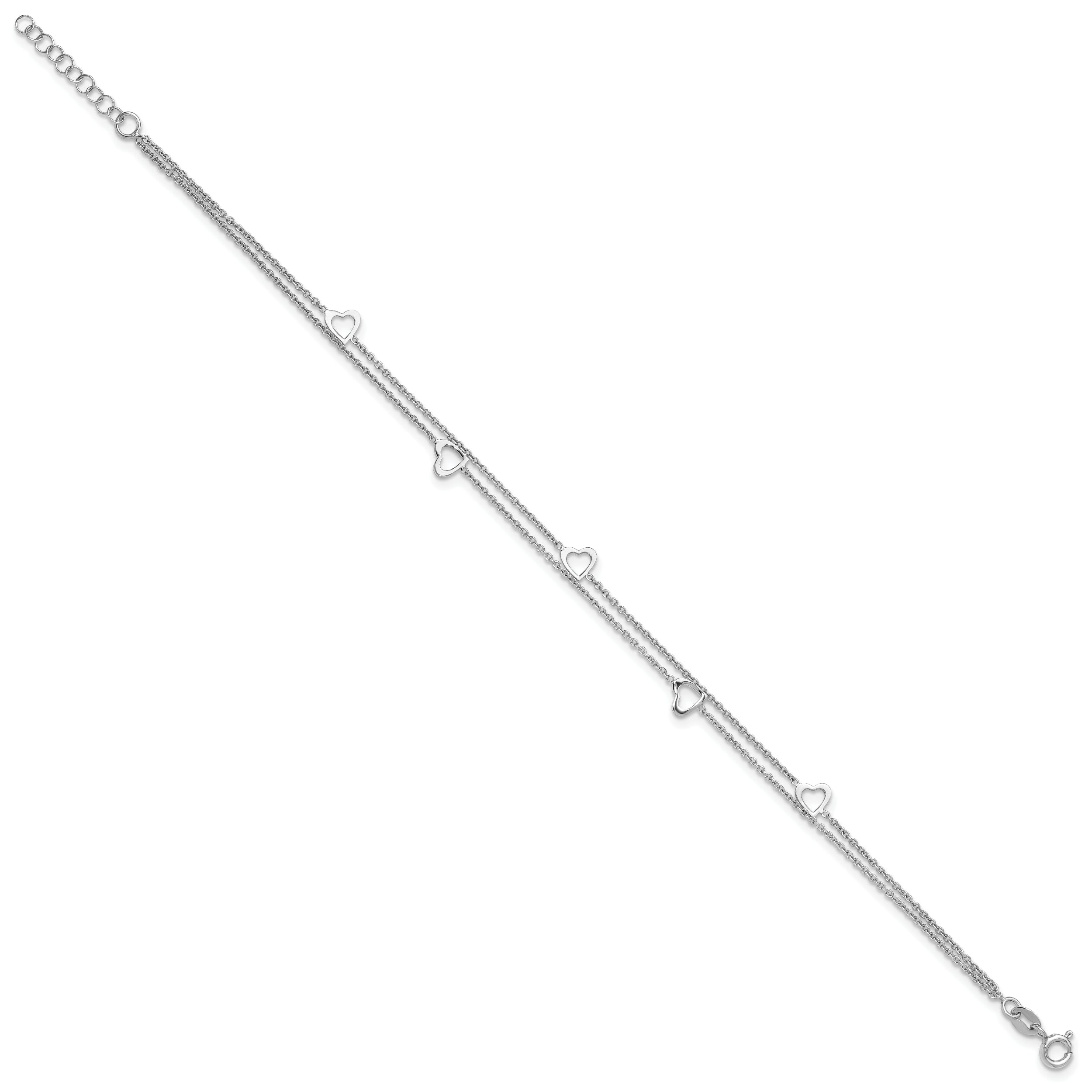 Sterling Silver Rhodium-plated Heart 2-Strand 9 inch Plus 1 inch Extender - Total 10 inch Anklet