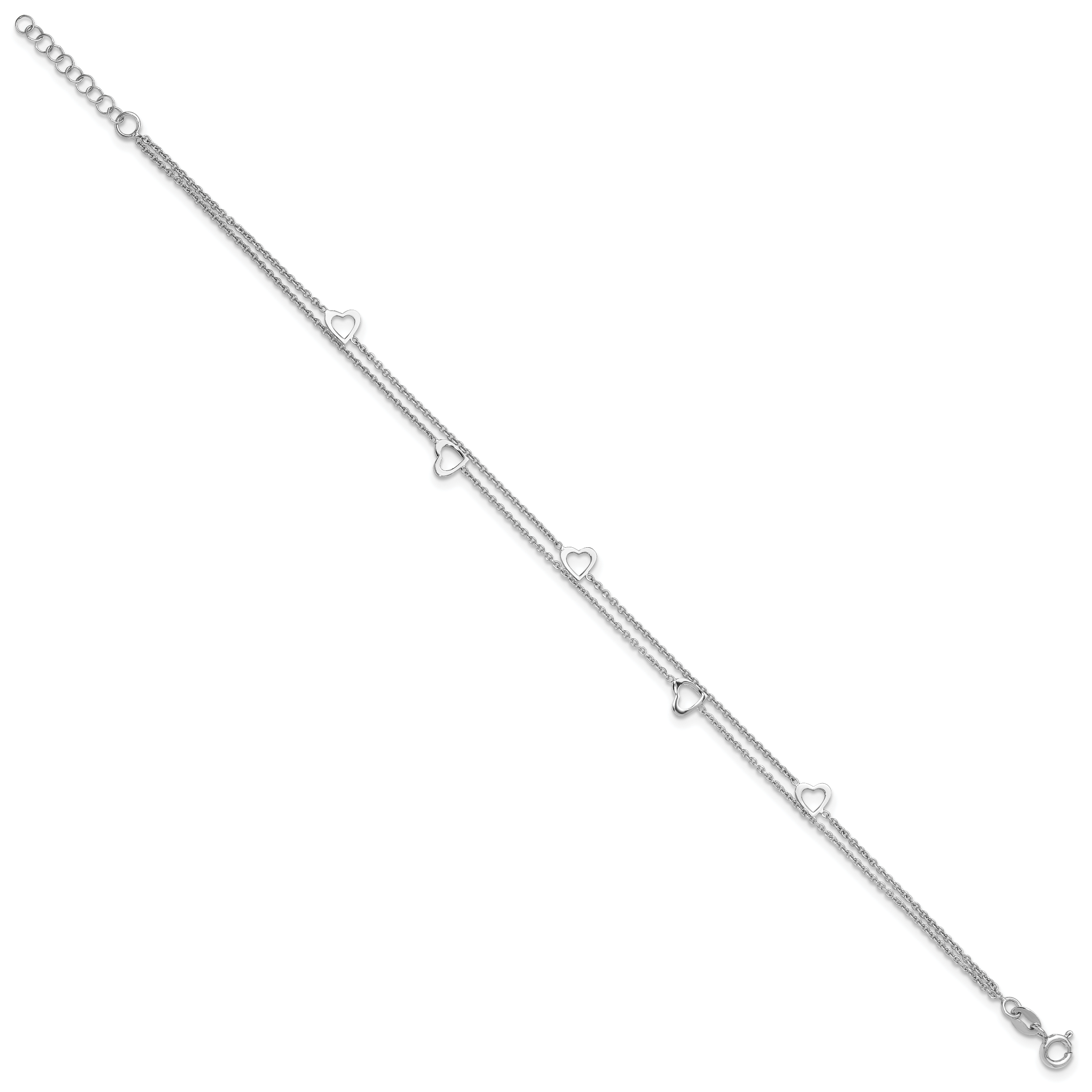 Sterling Silver Rhodium-plated Heart 2-Strand 9 inch Plus 1 inch Extender - Total 10 inch Anklet Secondary image