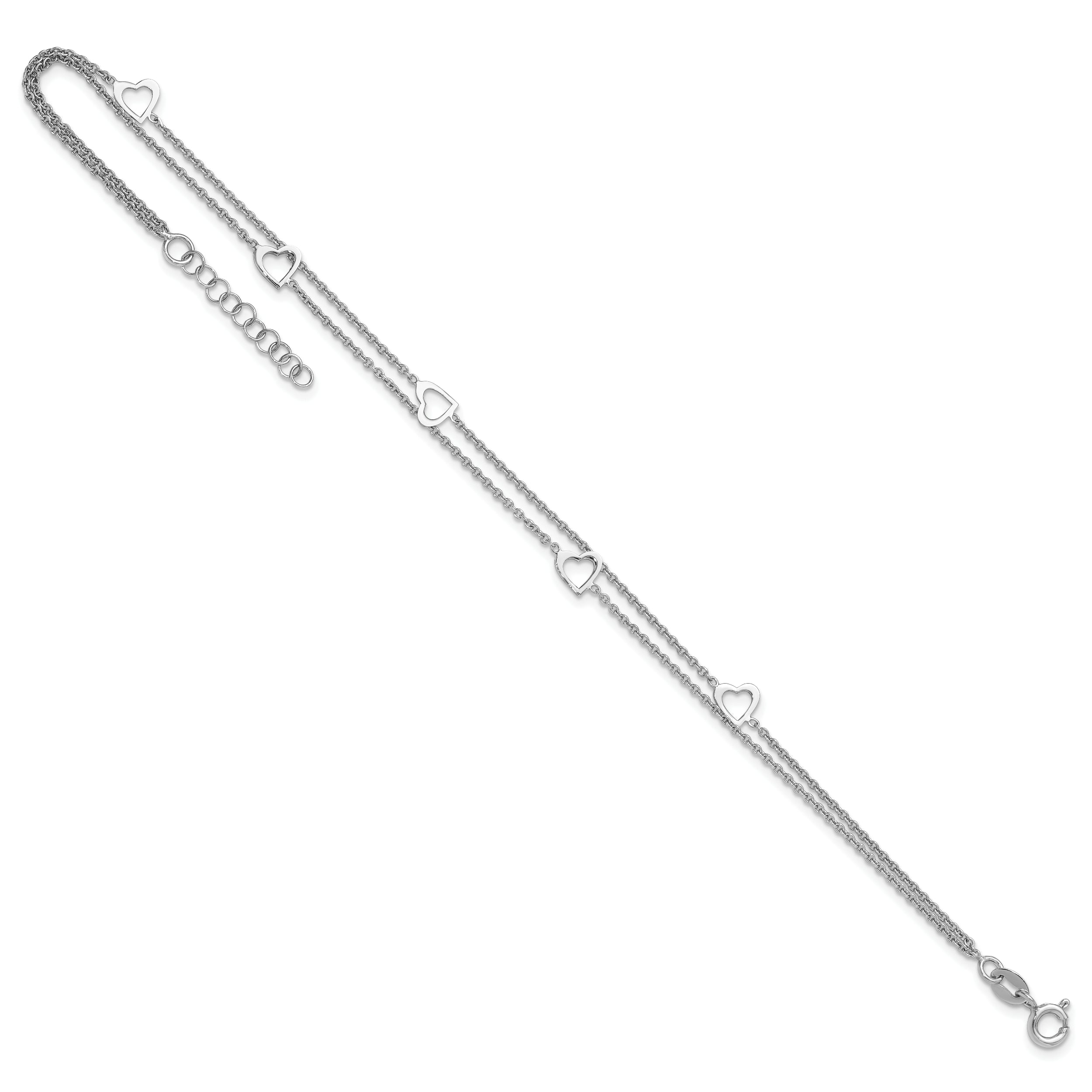 Sterling Silver Rhodium-plated Heart 2-Strand 9 inch Plus 1 inch Extender - Total 10 inch Anklet