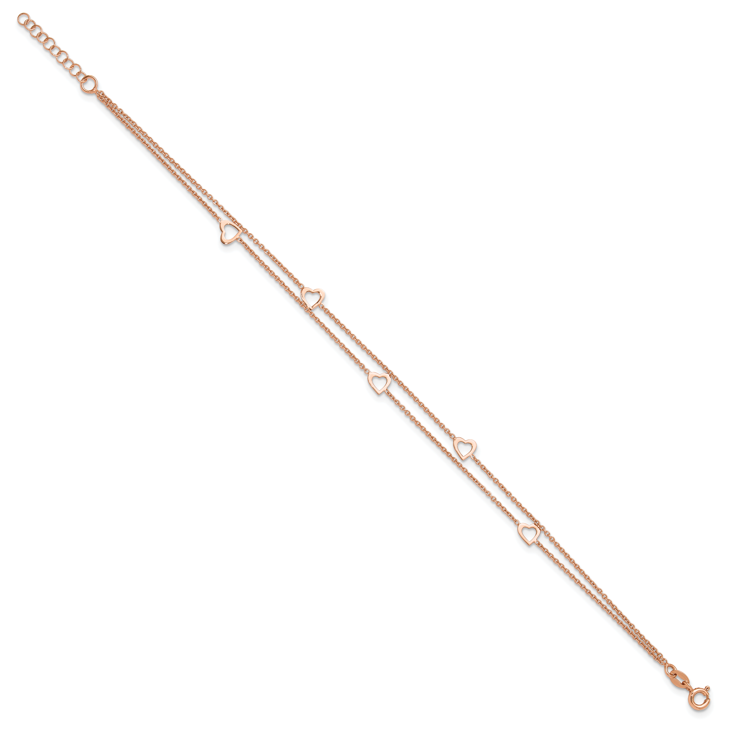 Sterling Silver Rose-tone Heart 2-Strand 9 inch Plus 1 inch Extender - Total 10 inch Anklet Secondary image