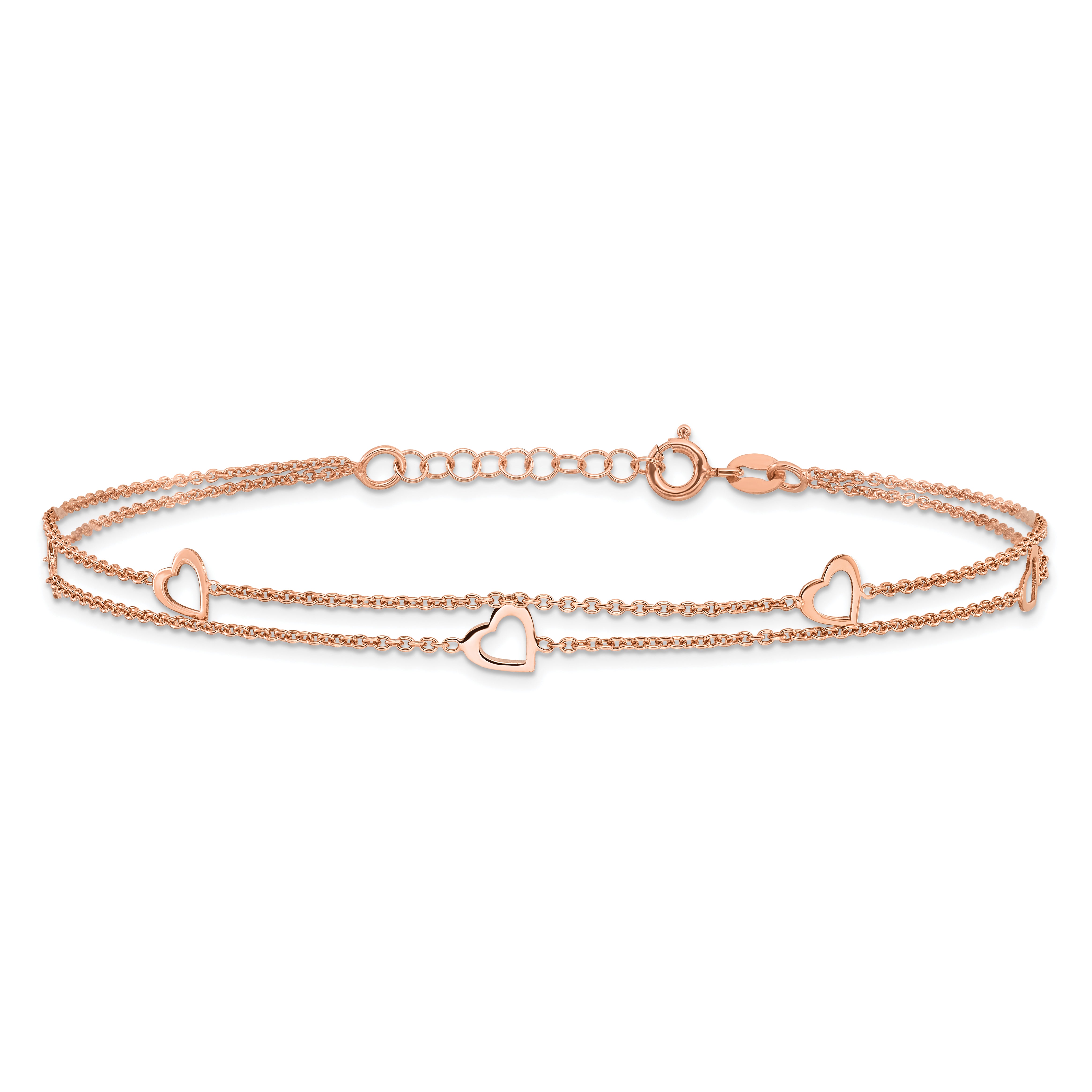 Sterling Silver Rose-tone Heart 2-Strand 10 inch Plus 1 inch Extender - Total 11 inch Anklet