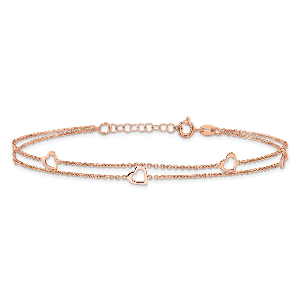 Sterling Silver Rose-tone Heart 2-Strand 10 inch Plus 1 inch Extender - Total 11 inch Anklet