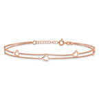 Sterling Silver Rose-tone Heart 2-Strand 10 inch Plus 1 inch Extender - Total 11 inch Anklet