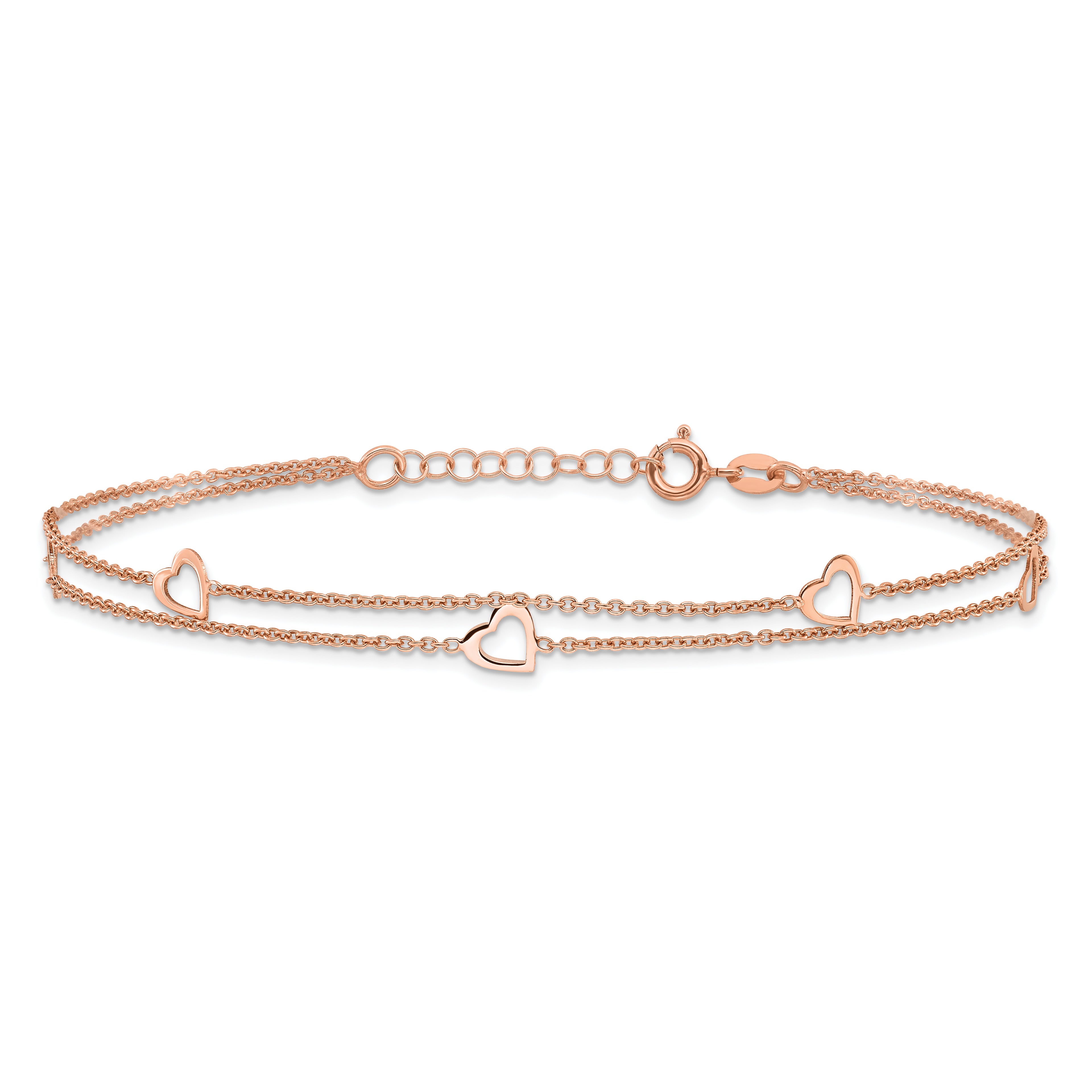 Sterling Silver Rose-tone Heart 2-Strand 10 inch Plus 1 inch Extender - Total 11 inch Anklet