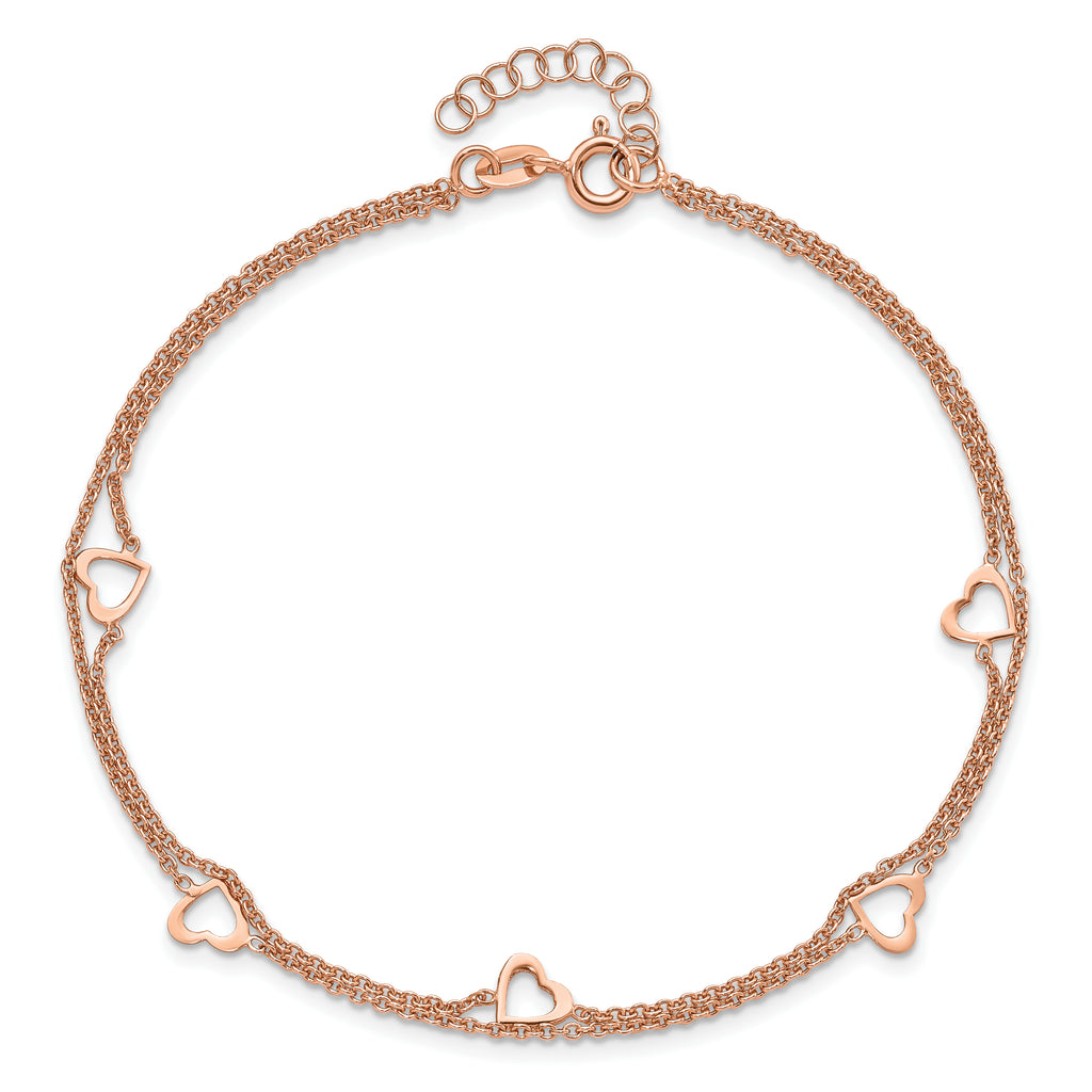 Sterling Silver Rose-tone Heart 2-Strand 10 inch Plus 1 inch Extender - Total 11 inch Anklet