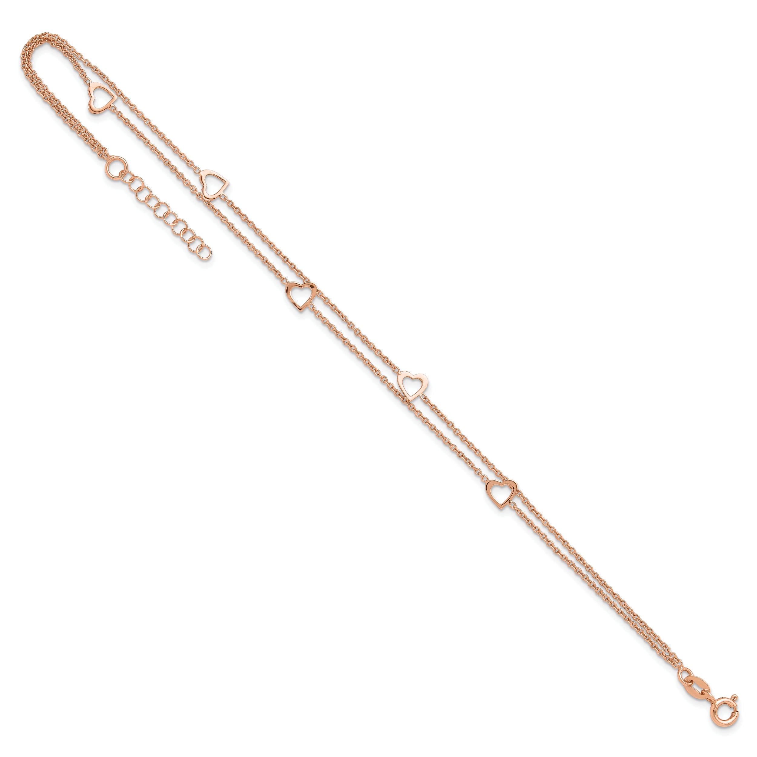 Sterling Silver Rose-tone Heart 2-Strand 9 inch Plus 1 inch Extender - Total 10 inch Anklet
