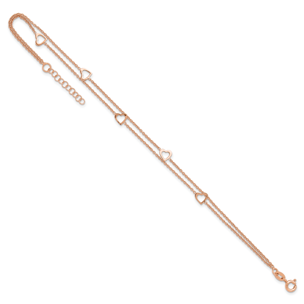 Sterling Silver Rose-tone Heart 2-Strand 9 inch Plus 1 inch Extender - Total 10 inch Anklet