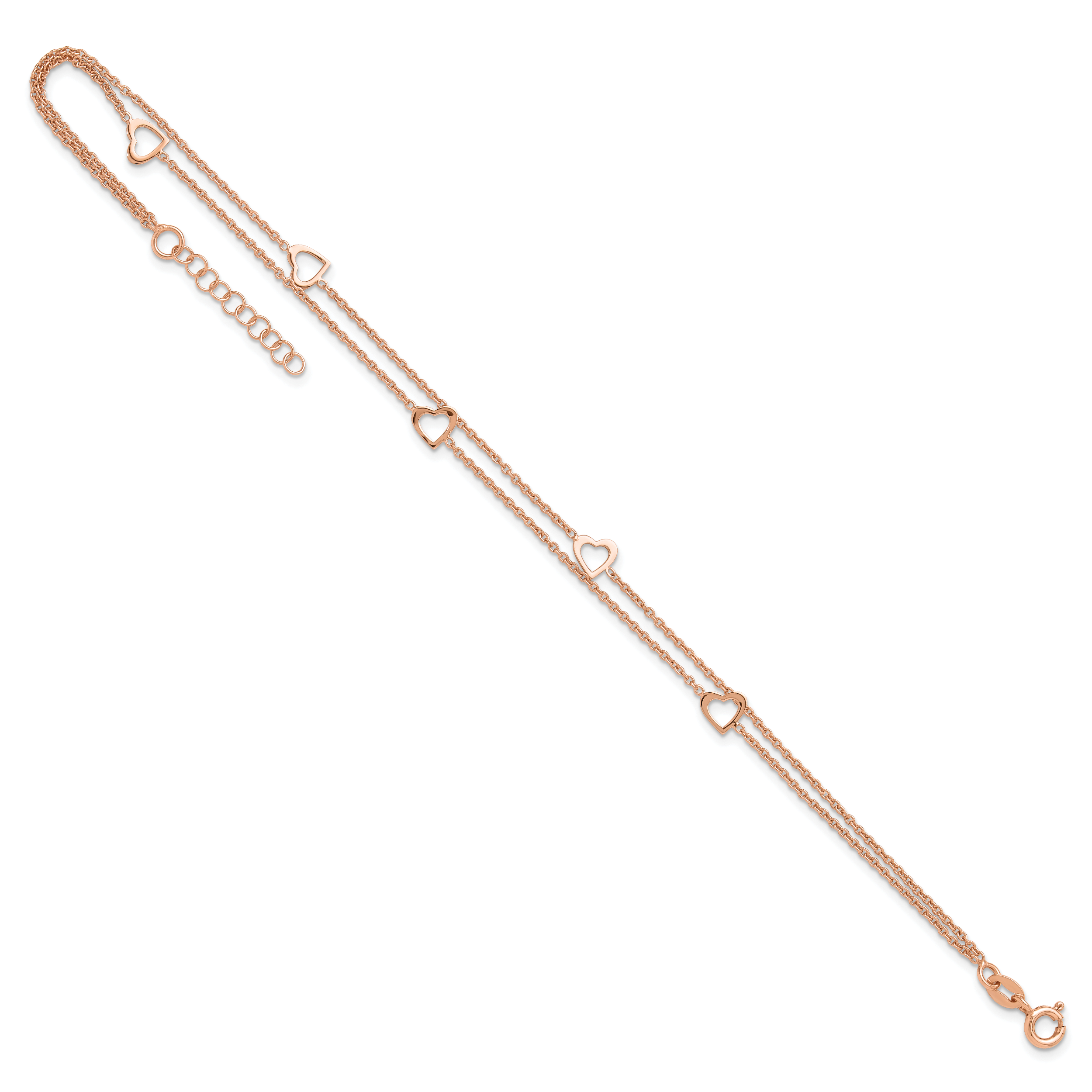 Sterling Silver Rose-tone Heart 2-Strand 9 inch Plus 1 inch Extender - Total 10 inch Anklet