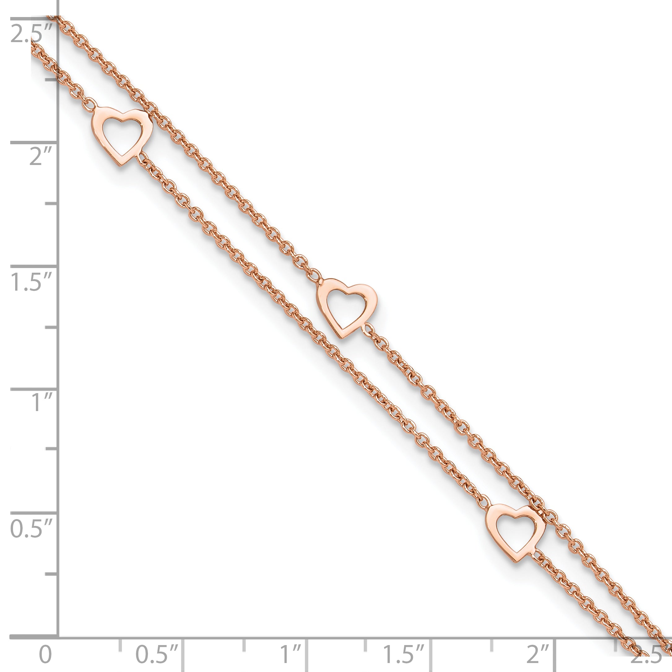 Sterling Silver Rose-tone Heart 2-Strand 9 inch Plus 1 inch Extender - Total 10 inch Anklet