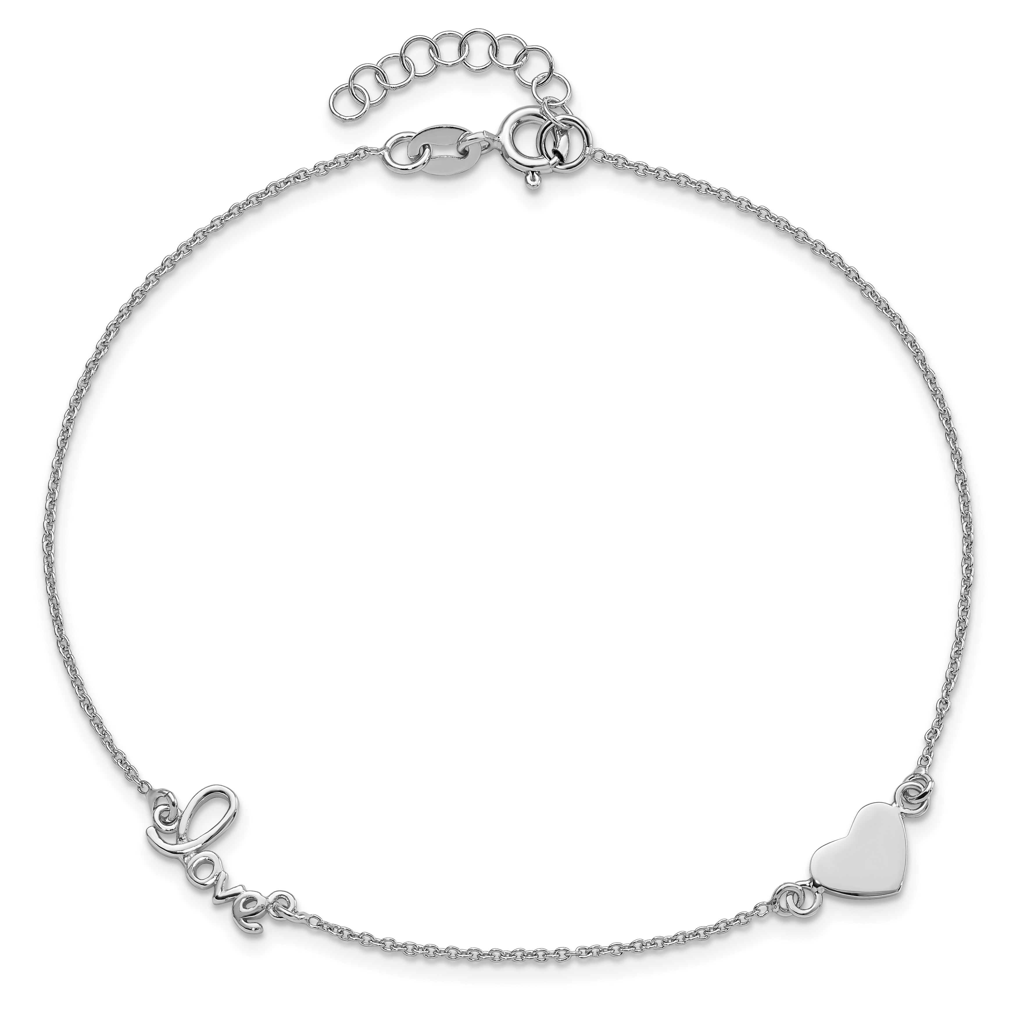 Sterling Silver Rhodium-plated Heart/LOVE Script 9 inch Plus 1 inch Extender - Total 10 inch Anklet