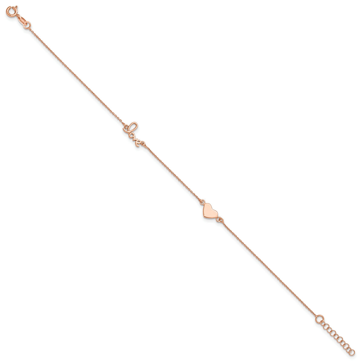 Sterling Silver Rose-tone Heart/LOVE Script 9 inch Plus 1 inch Extender - Total 10 inch Anklet