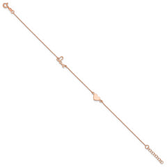 Sterling Silver Rose-tone Heart/LOVE Script 9 inch Plus 1 inch Extender - Total 10 inch Anklet