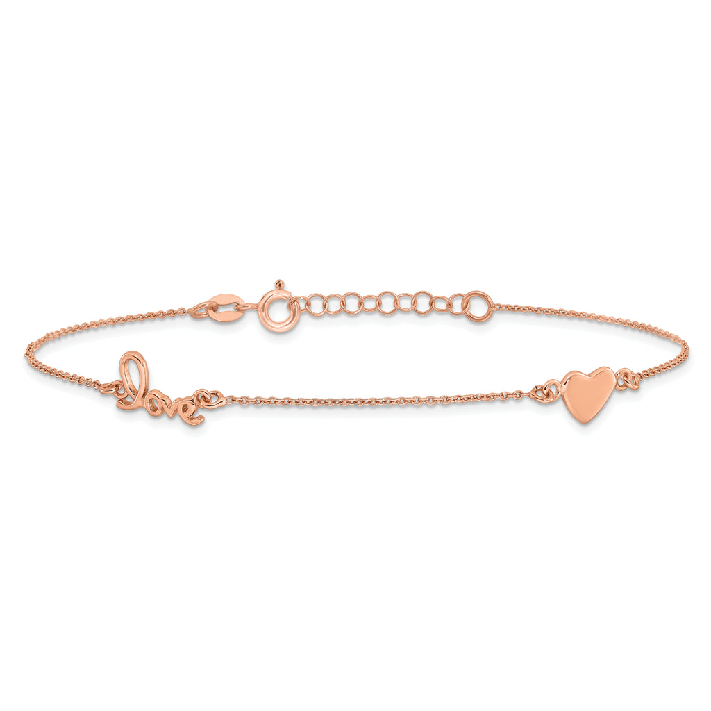 Sterling Silver Rose-tone Heart/LOVE Script 9 inch Plus 1 inch Extender - Total 10 inch Anklet