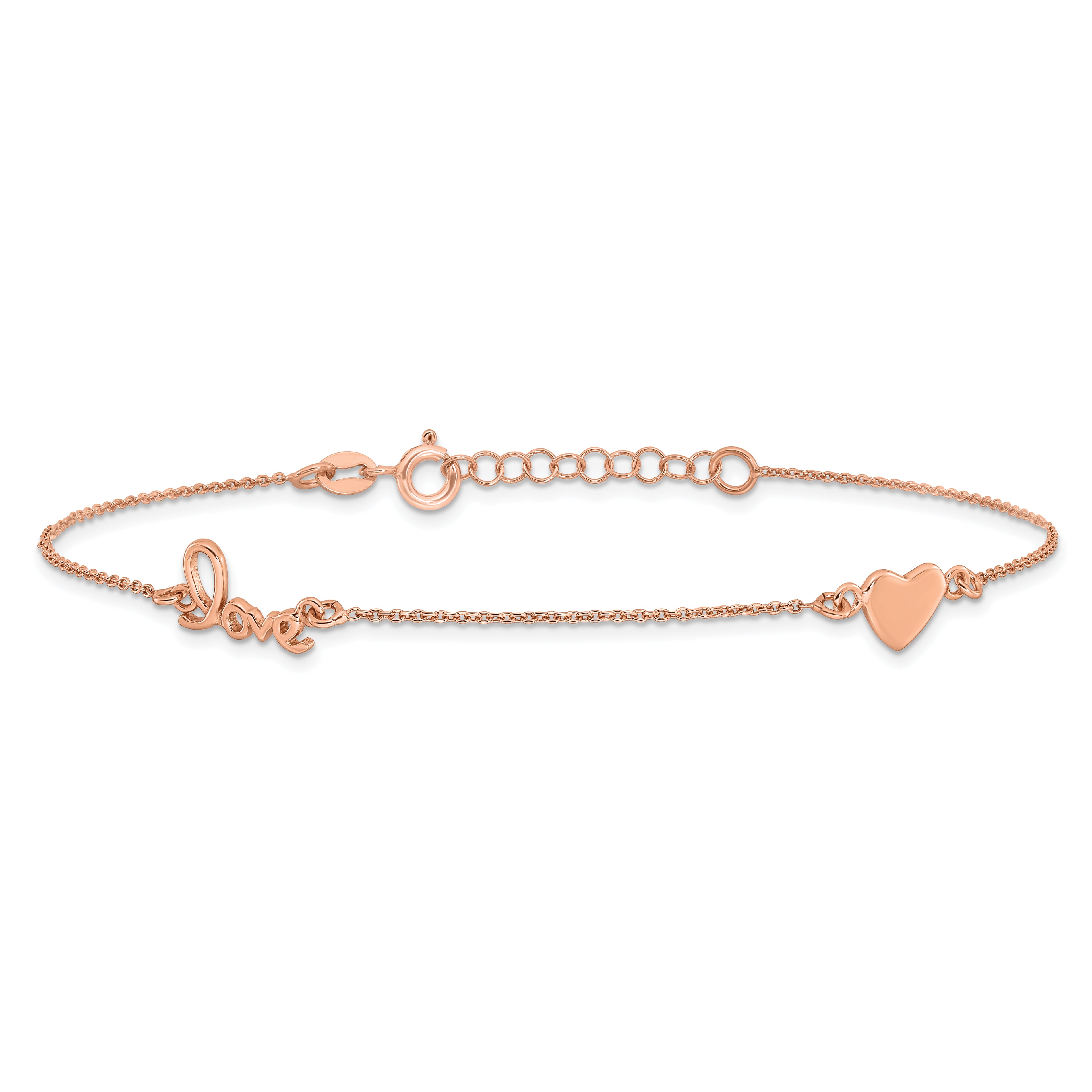 Sterling Silver Rose-tone Heart/LOVE Script 9 inch Plus 1 inch Extender - Total 10 inch Anklet