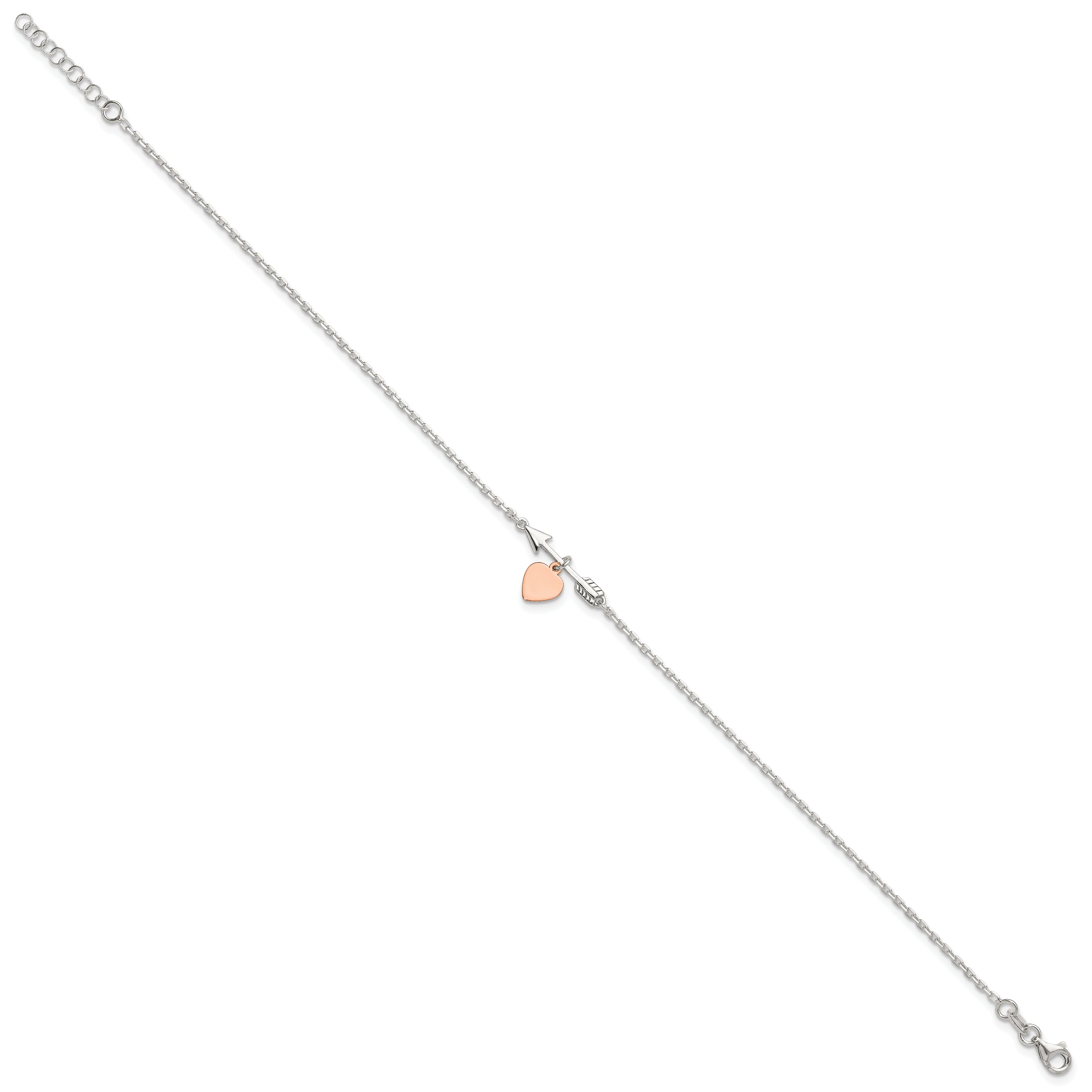 Sterling Silver Arrow with Rose-tone Heart 10 inch Plus 1 inch Extender - Total 11 inch Anklet