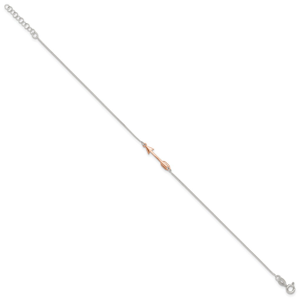 Sterling Silver with Rose-tone Arrow 10 inch Plus 1 inch Extender - Total 11 inch Anklet