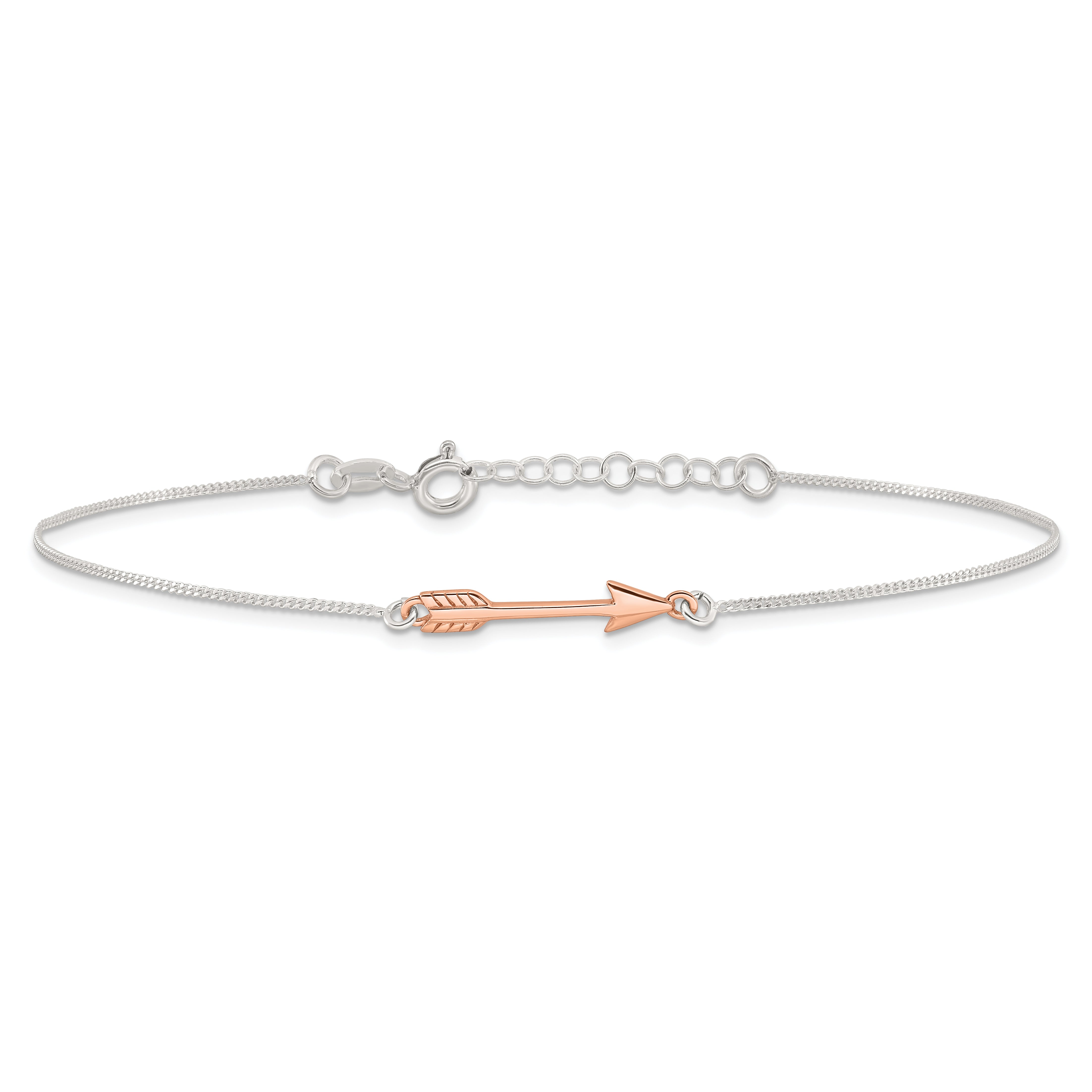 Sterling Silver with Rose-tone Arrow 10 inch Plus 1 inch Extender - Total 11 inch Anklet