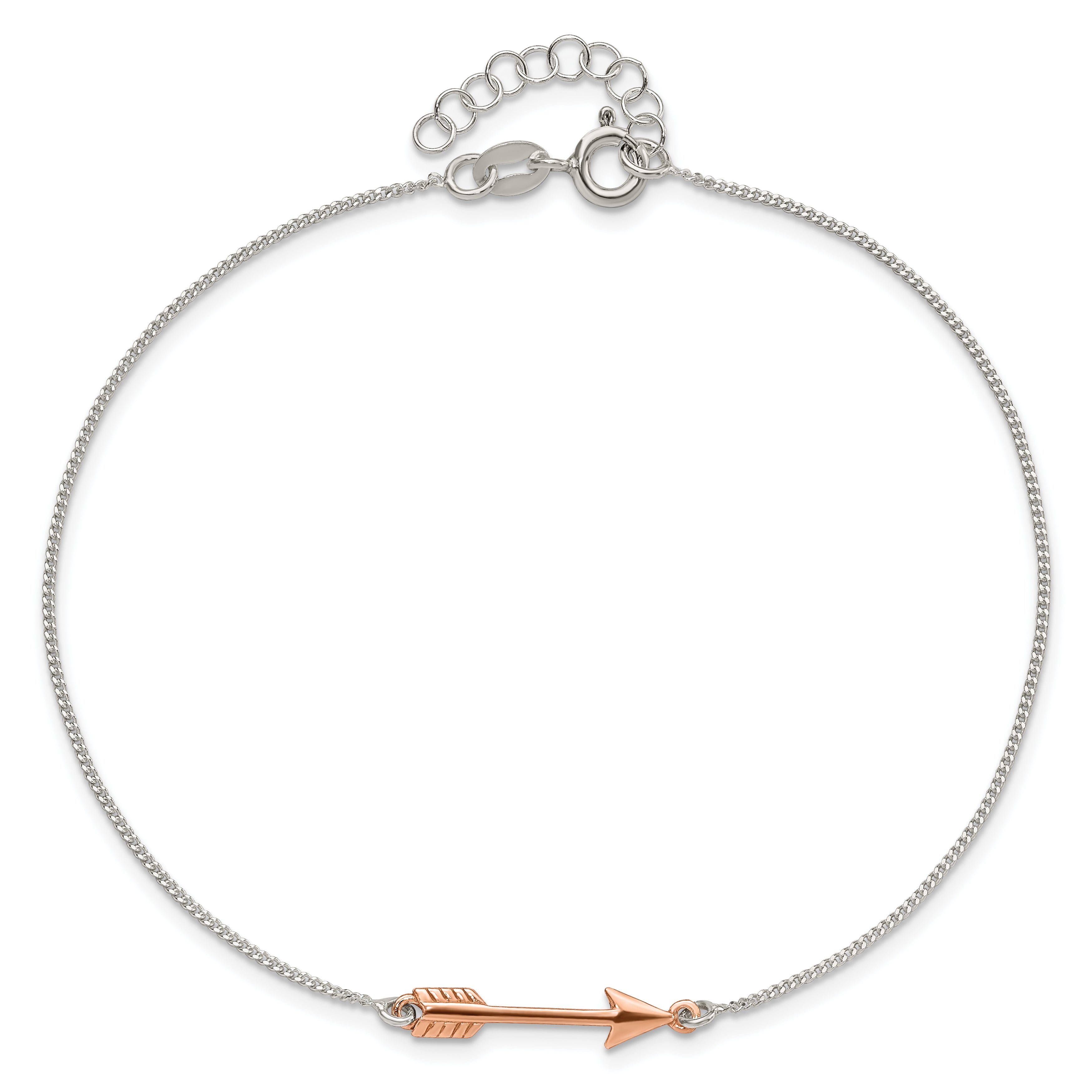 Sterling Silver with Rose-tone Arrow 10 inch Plus 1 inch Extender - Total 11 inch Anklet