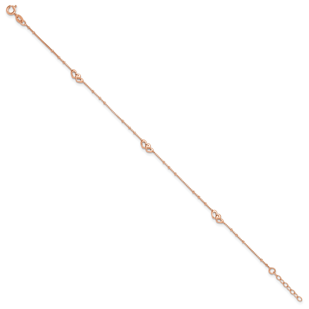 Sterling Silver Rose-tone Interlocked Hearts 9 inch Plus 1 inch Extender - Total 10 inch Anklet