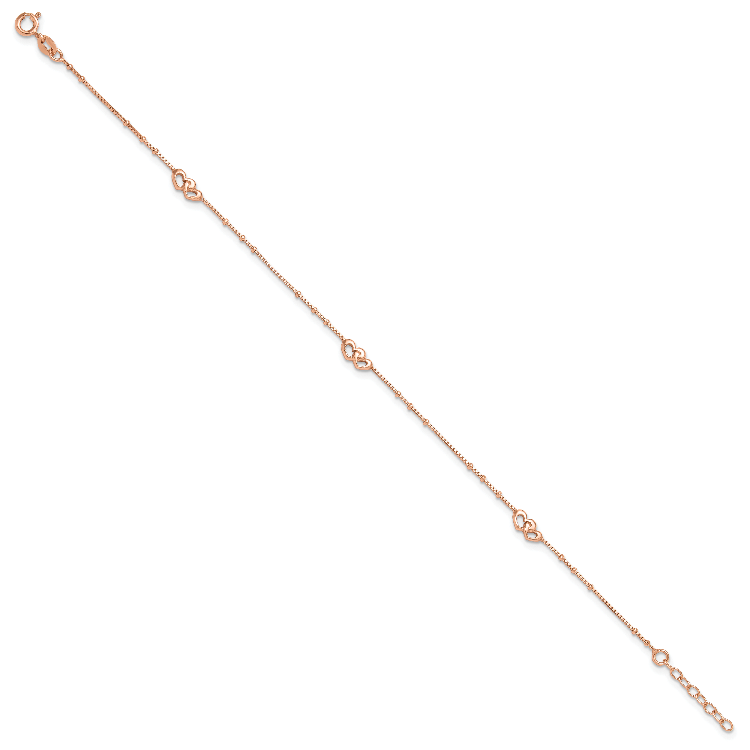 Sterling Silver Rose-tone Interlocked Hearts 9 inch Plus 1 inch Extender - Total 10 inch Anklet