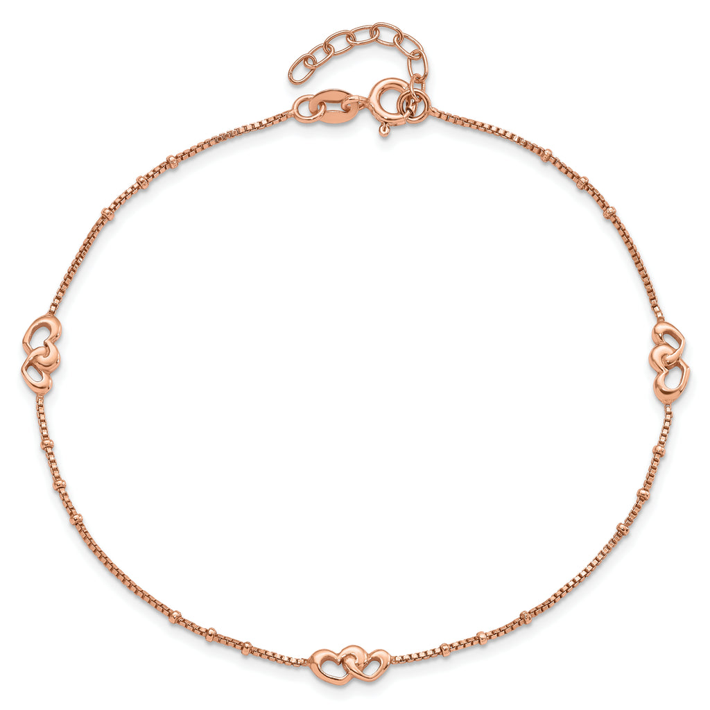 Sterling Silver Rose-tone Interlocked Hearts 9 inch Plus 1 inch Extender - Total 10 inch Anklet