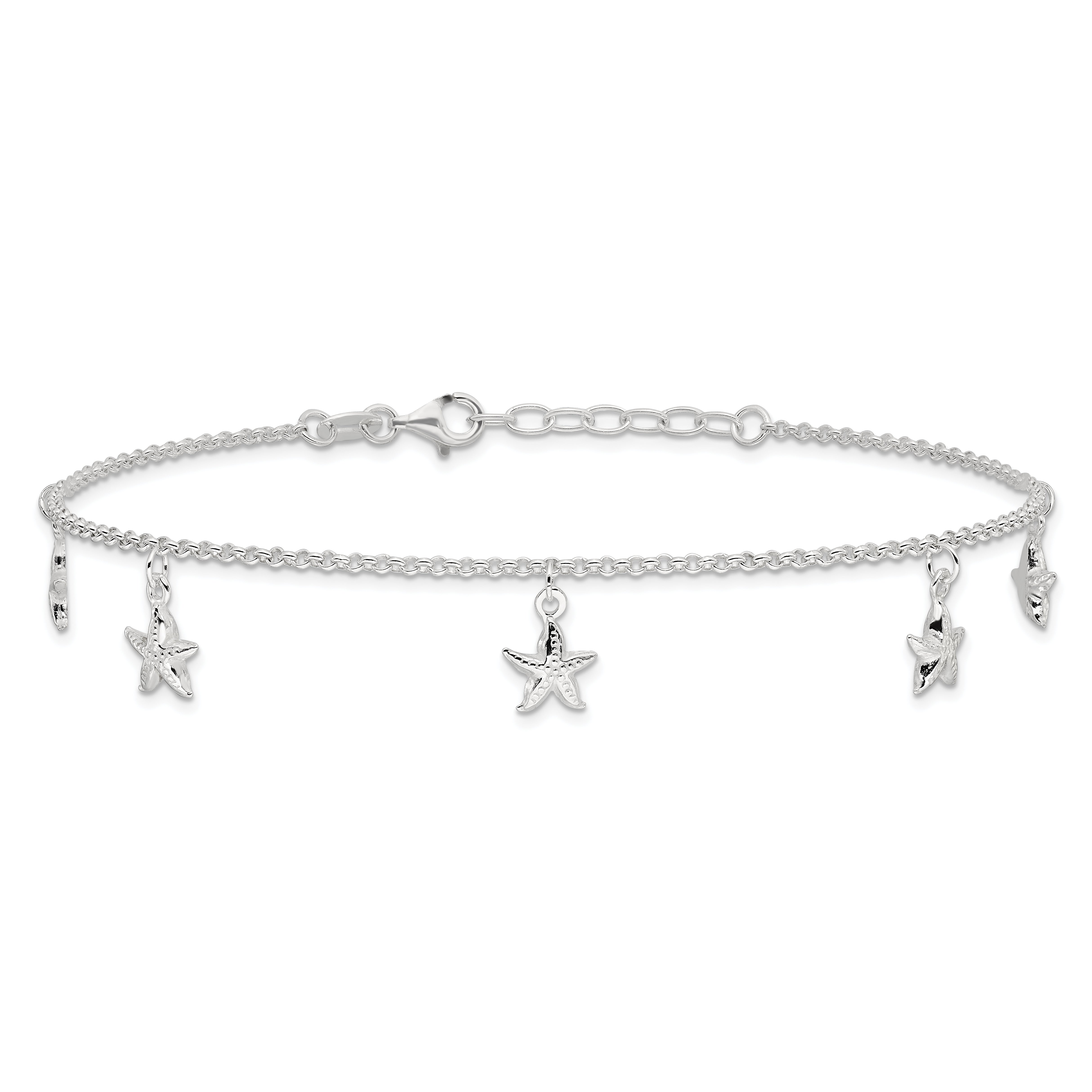 Sterling Silver Starfish Dangles 10 inch Plus 1 inch Extender - Total 11 inch Anklet