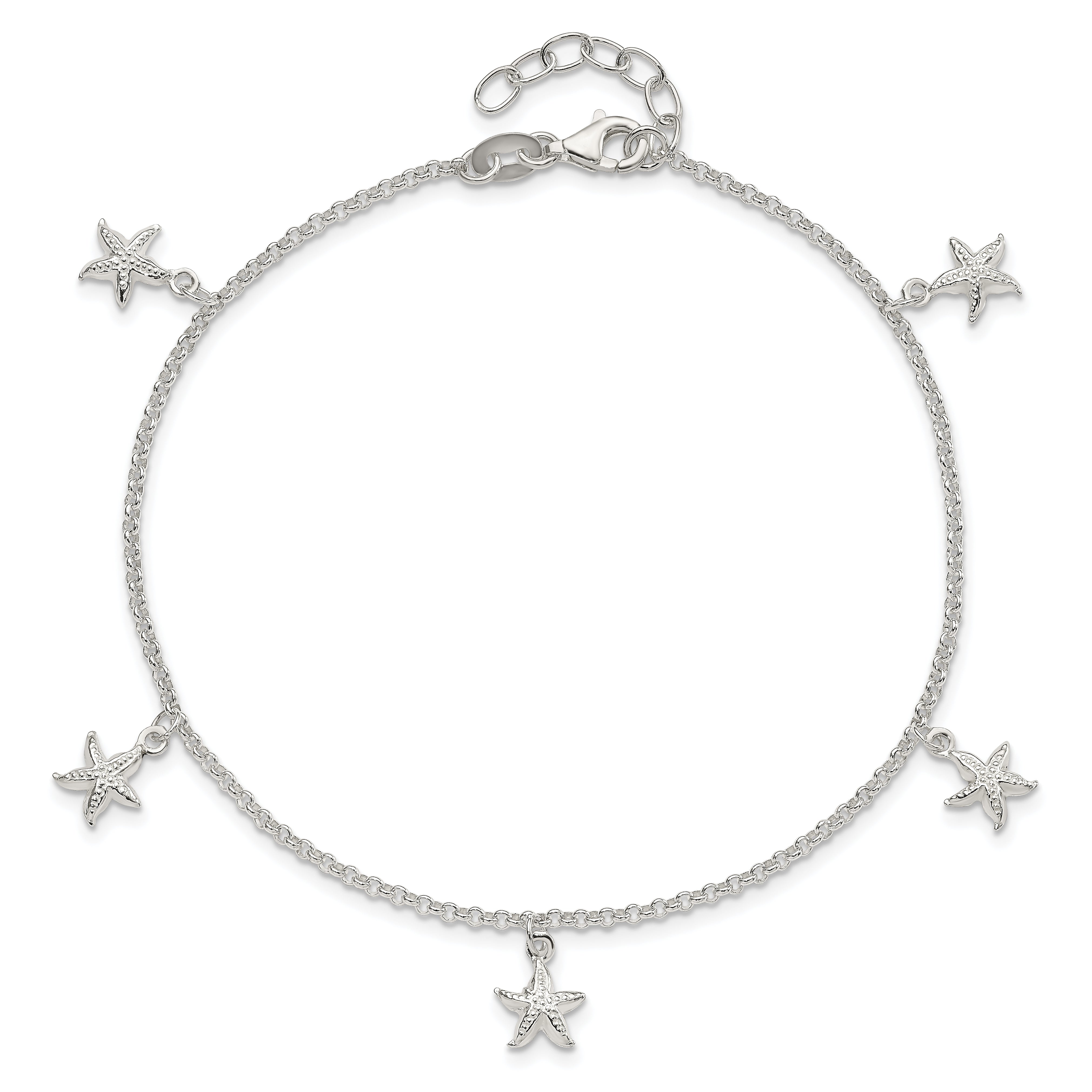 Sterling Silver Starfish Dangles 10 inch Plus 1 inch Extender - Total 11 inch Anklet
