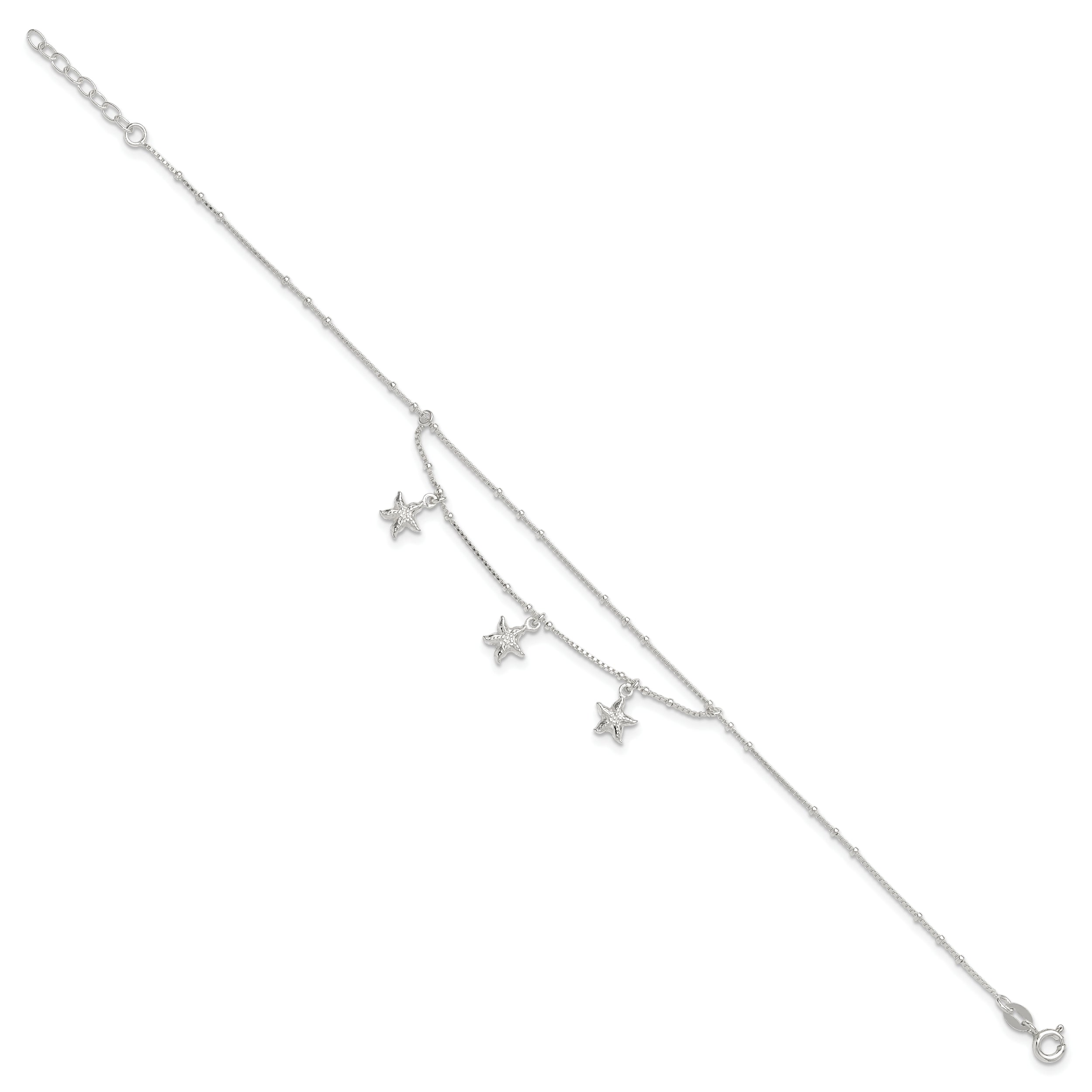 Sterling Silver 2-Strand Starfish 9 inch Plus 1 inch Extender - Total 10 inch Anklet