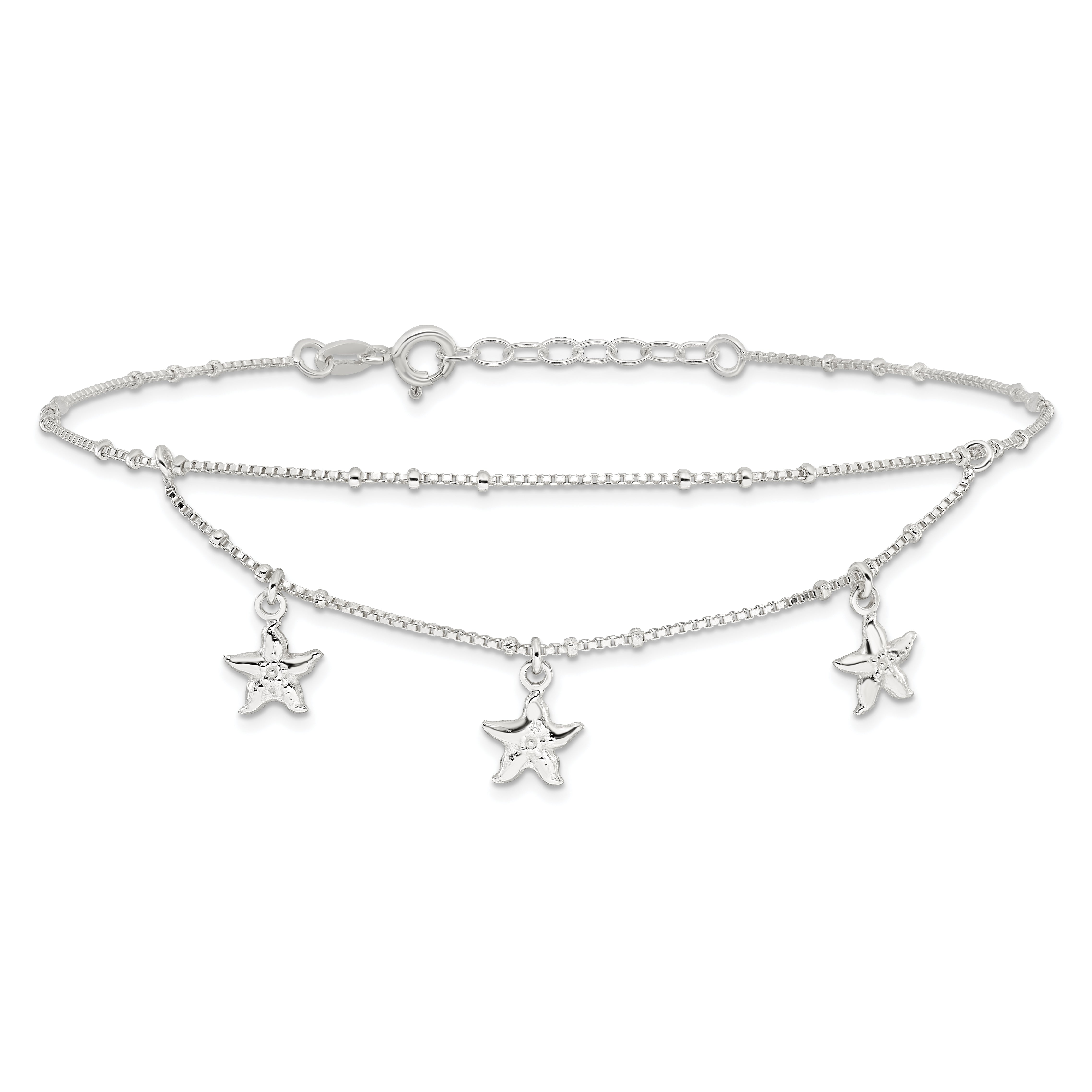 Sterling Silver 2-Strand Starfish 9 inch Plus 1 inch Extender - Total 10 inch Anklet