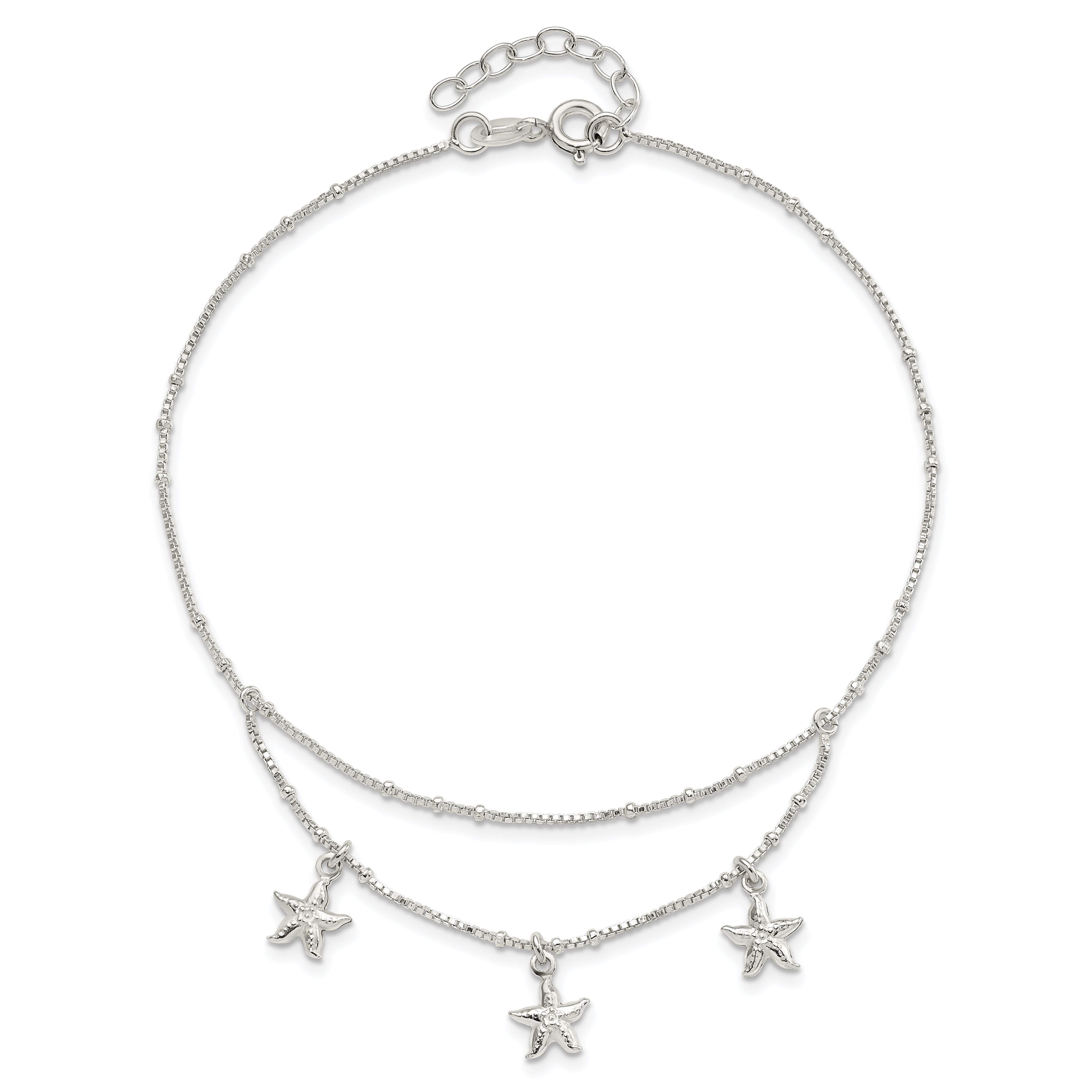 Sterling Silver 2-Strand Starfish 9 inch Plus 1 inch Extender - Total 10 inch Anklet