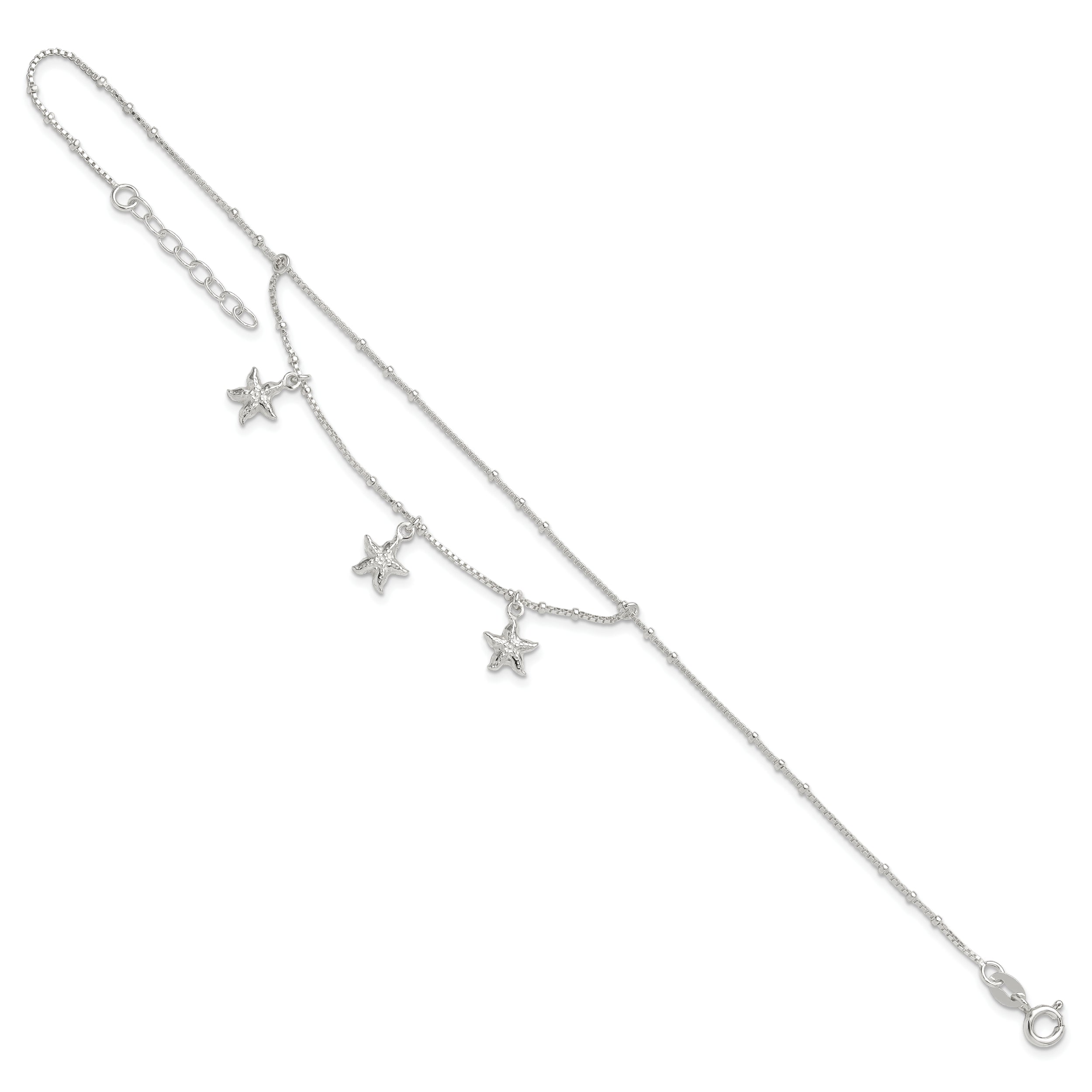Sterling Silver 2-Strand Starfish 9 inch Plus 1 inch Extender - Total 10 inch Anklet