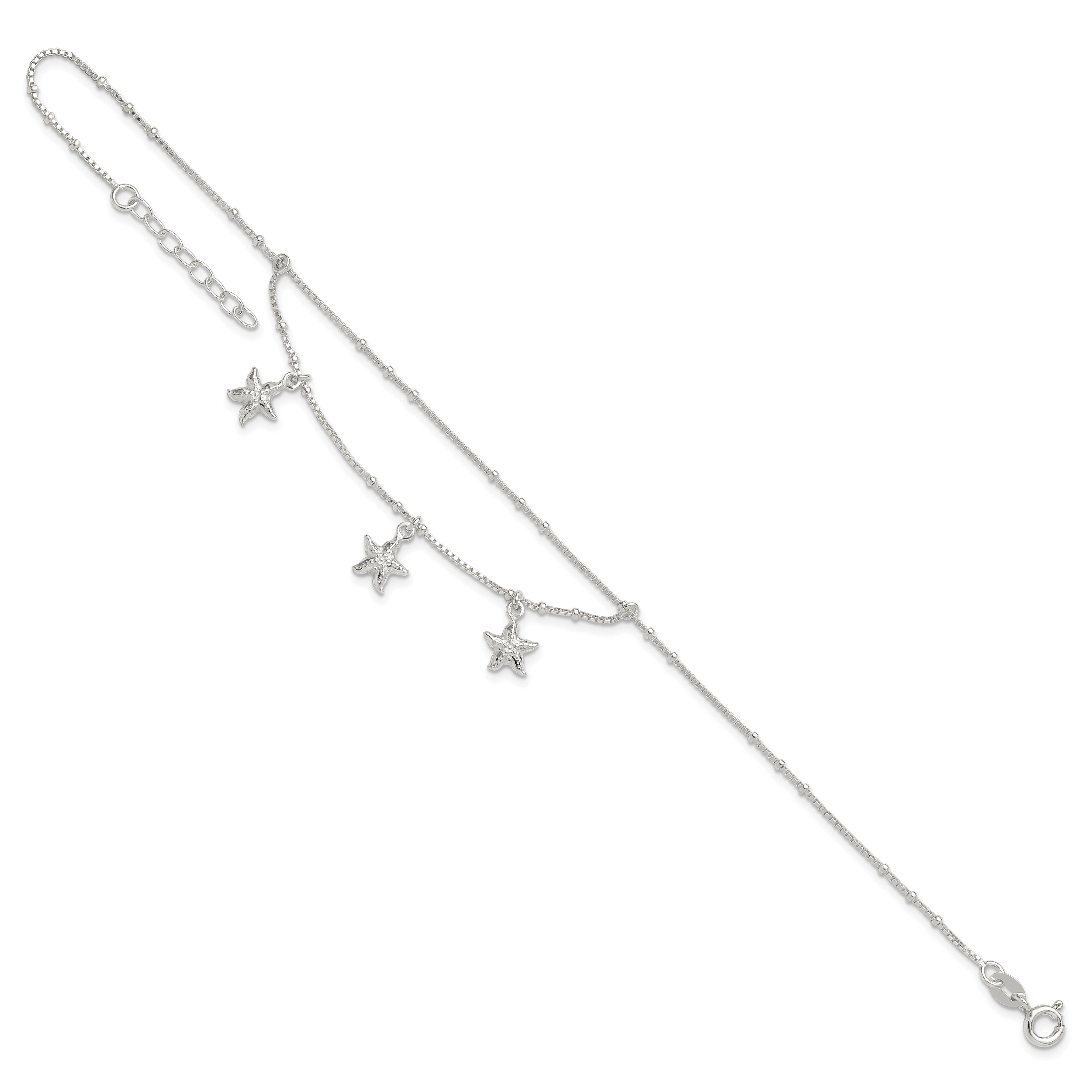 Sterling Silver 2-Strand Starfish 9 inch Plus 1 inch Extender - Total 10 inch Anklet